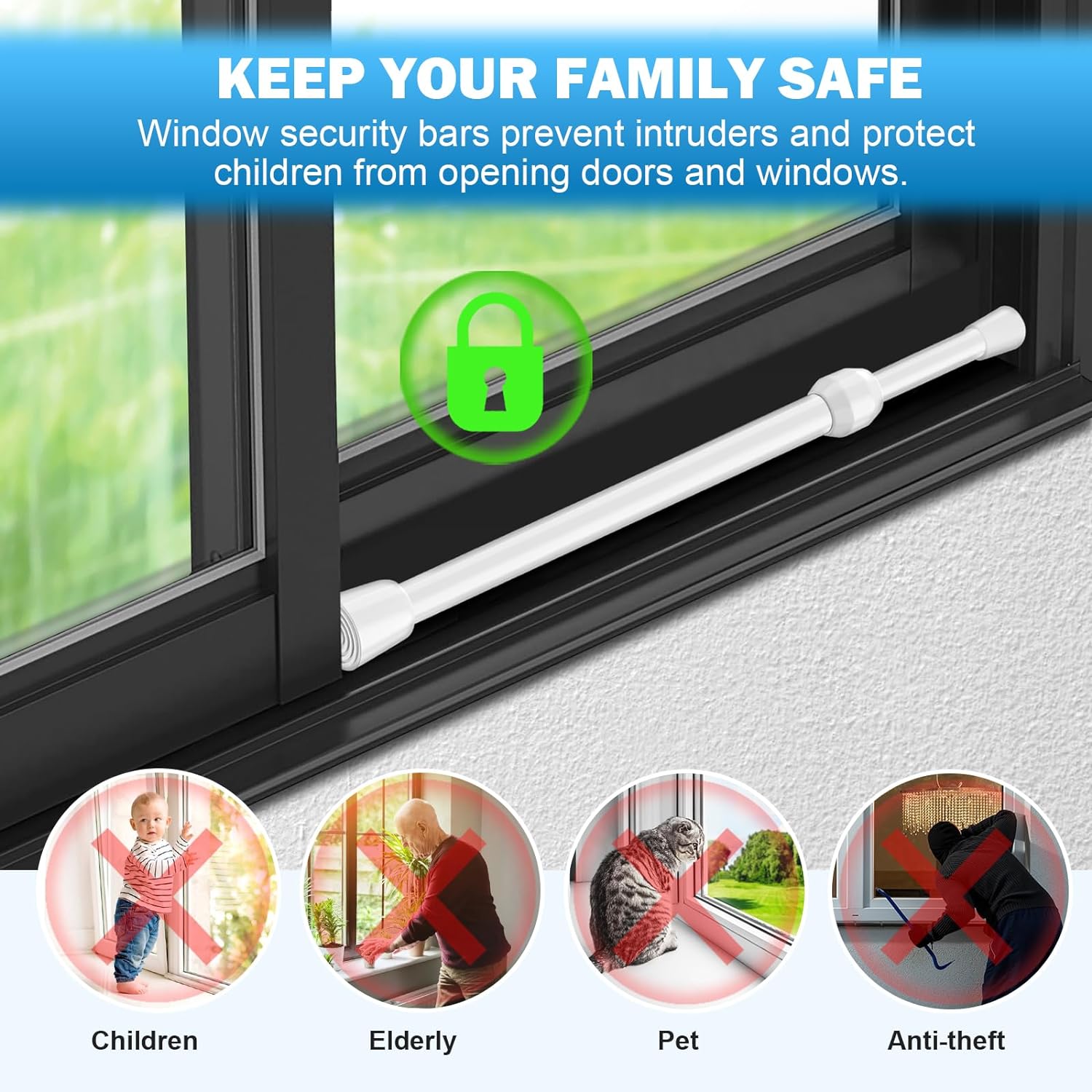 6 Pack Window Security Bar Adjustable Sliding Lock Security Stick for Rubber Tips, Adjustable Sliding Glass Door Lock Bars 15.7''-27.5'' Window Safety Lock Bar (16" to 28"-6Pcs)