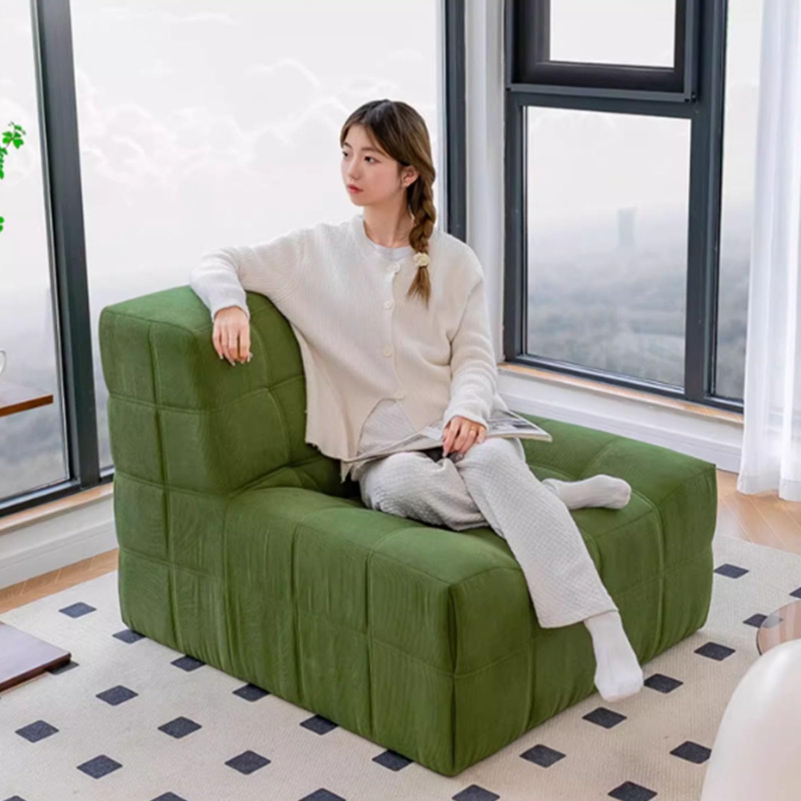 Lazy Floor Sofa für Wohnzimmer, Cord-Sofa ohne Armlehnen im Retro-Stil, dekoratives, gemütliches Sofa für den Innenbereich, Schaumstoff-Sofa-Akzentstuhl für Wohnzimmer, Schlafzimmer und Büro, Grün