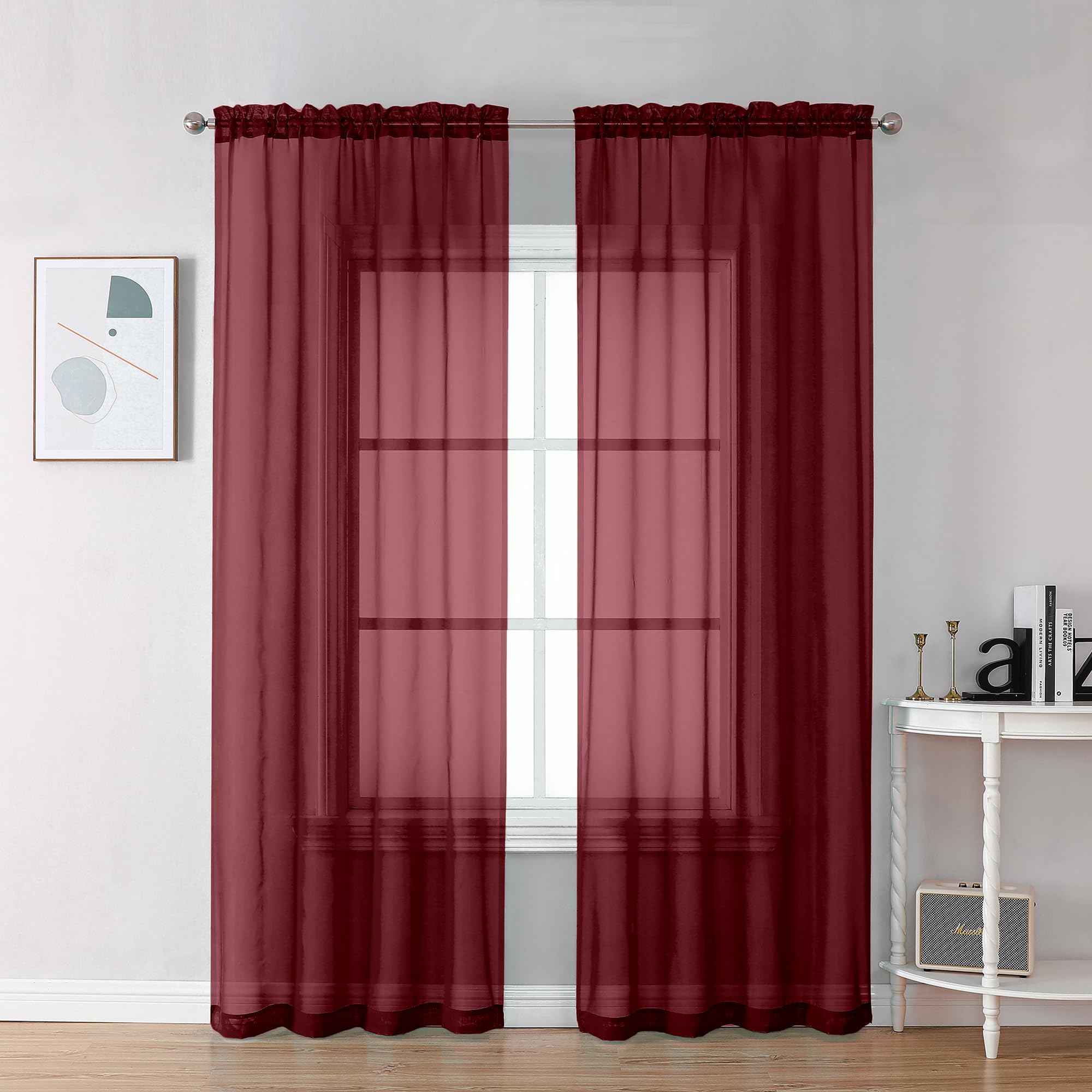 Chyhomenyc Burgundy Sheer Curtains 78 Inches Long 2 Panels Set for Living Room, Light Filtering Voile Lightweight Bedroom Curtains, Rod Pocket Solid Window Treatment Drapes, Each 42W x 78L