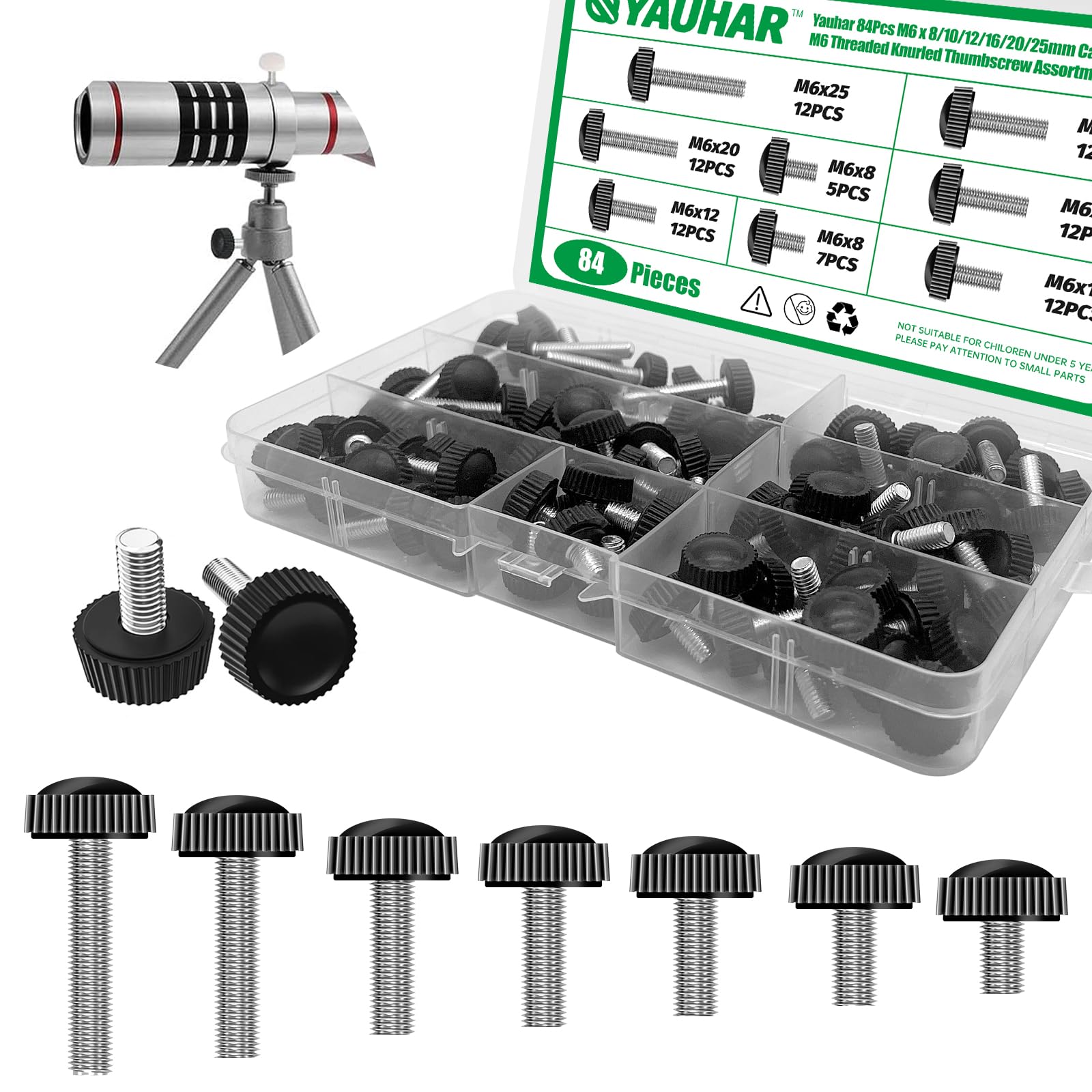 Yauhar 84Pcs 7 Size Carbon Steel M6 Threaded Knurled Thumbscrew Assortment Set