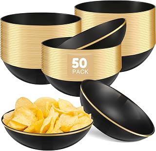 Newtay 50 Pcs 12 oz Black Plastic Bowl Bulk Disposable Bowl with Gold Rim