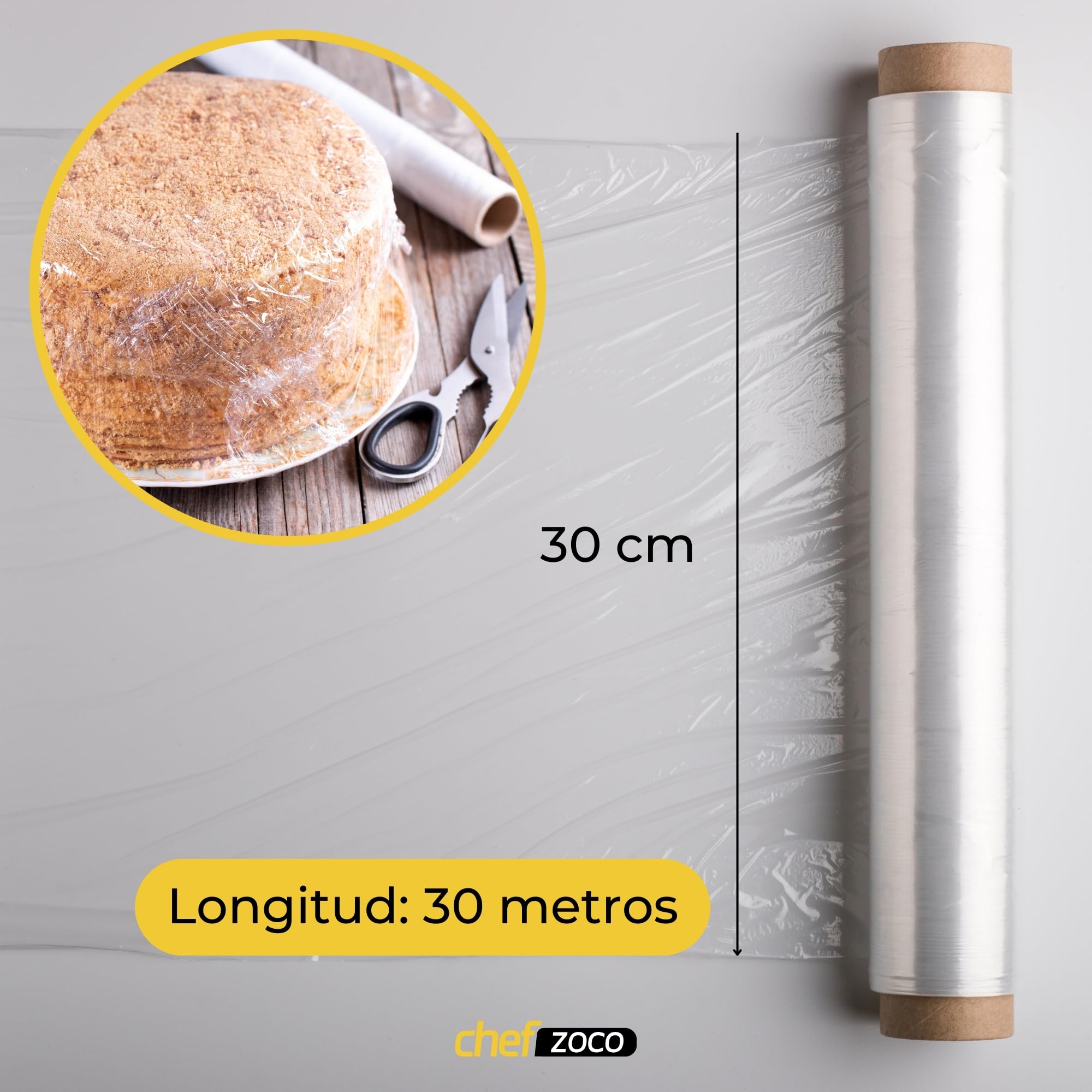 Papel Film Transparente extra resistente, papel transparente para conservar alimentos, Rollo de papel de cocina, fácil de cortar, extra resistente, 29 cm de ancho x 30 m de largo, 1 unidad - imagen 3