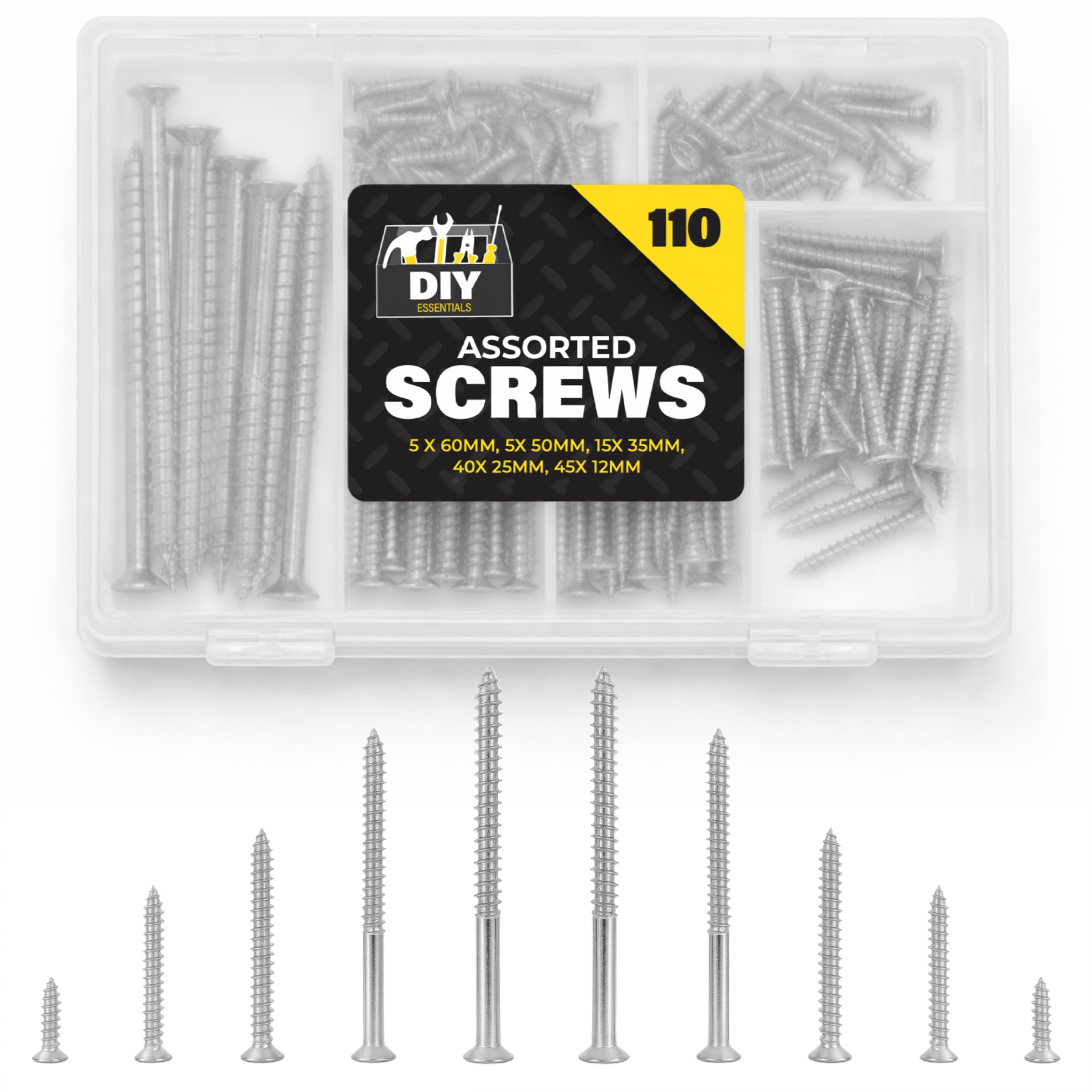 110pk Assorted Screws 1.5cm 2.5cm 3.5cm 5cm 6cm Wall Plugs with Organised Storage Case Mixed Steel Self-Tapping Countersunk Flat Head Screws for DIY Repairs Home Workshop Projects