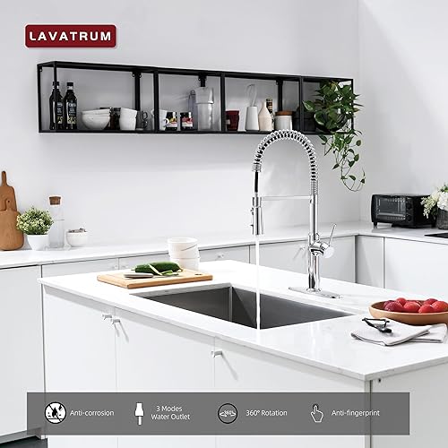 Miniatura 2 de Grifos de cocina de cromo pulido, latón de 22 pulgadas, grifos de cocina comerciales de arco alto de una sola manija para rociador desplegable