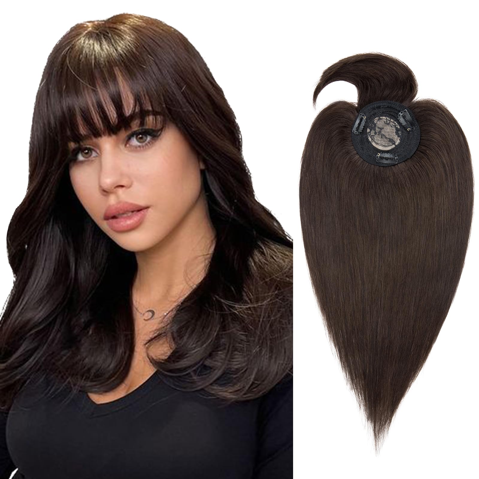Silk-co Topper Extensions Haarteile Echthaar Clip in Extensions Echthaar Weich Natürlich Glatt Toupet Haarverlängerung mit Pony(11cm lang) 7A Remy Haare 50cm-49g 02# Dunkelbraun