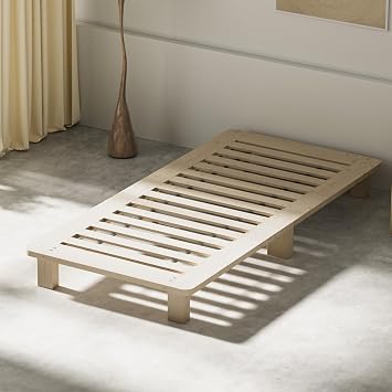 Single Bed Frame, Slatted Wood Bed, Width 100 cm 39.4 inches, Wooden, Unpainted, Natural Solid Wood, Fits S, SD, D Sizes, Easy Assembly, Sturdy and Durable, Breathable, Natural, Low Type, Headless