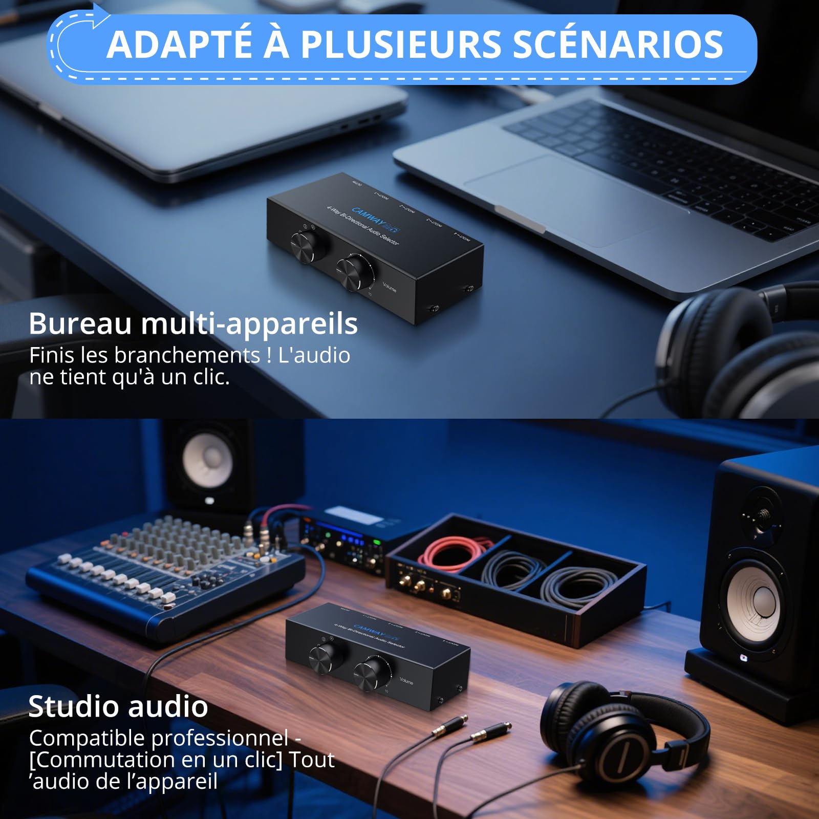 CAMWAY 1X4/4X1 Commutateur Audio Bi-Directionnel RCA & 3.5mm – Commutateur Stéréo à 4 Sorties ou Entrées, avec Fonction Off et RCA Inclus, Compatible PC, Smartphone, Amplificateur et Casque
