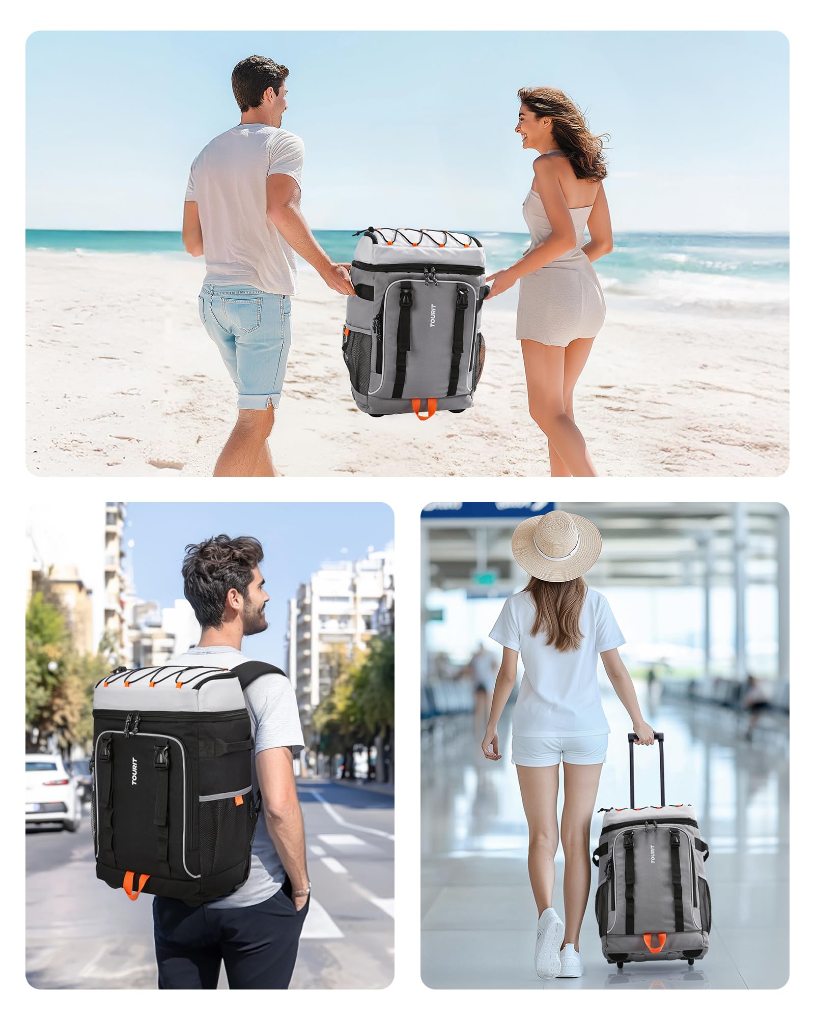 TOURIT Zaino refrigerante con ruote per 50 lattine, doppio fondo e doppio manico, borsa frigo portatile con ruote da donna, capacità 30 litri, dimensioni: 18" (15"+3") × 13" × 11"