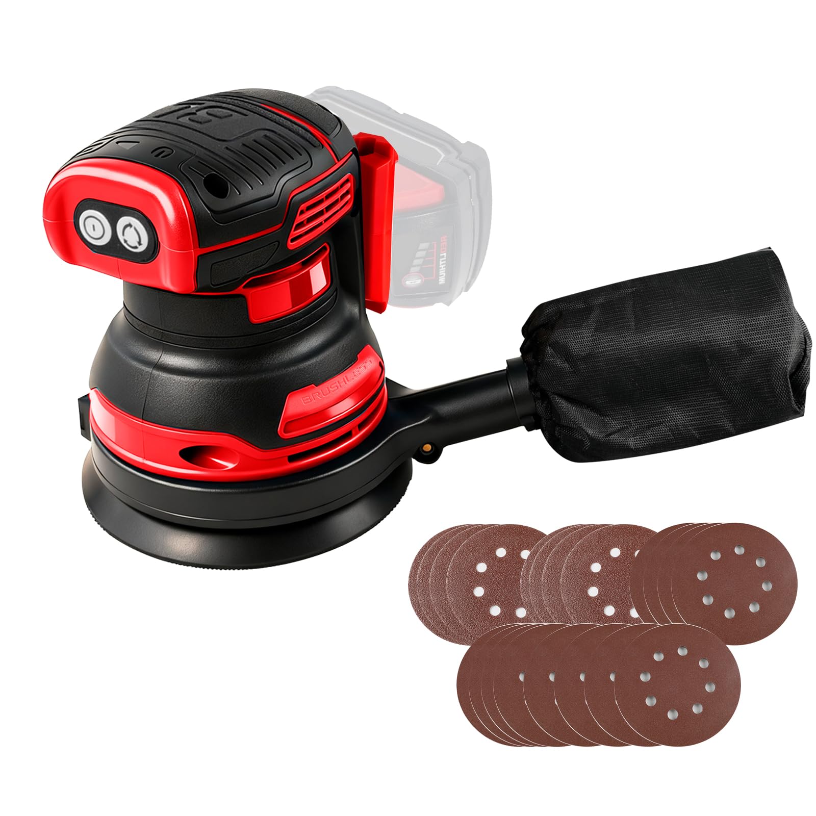 Cordless Random Orbital Sander Compatible with Milwaukee M18 18V Battery, 125mm Brushless Electric Random Orbit Sanders, 11000 RPM Battery Palm Sander, 3 Variable Speeds with 20pcs Sandpaper
