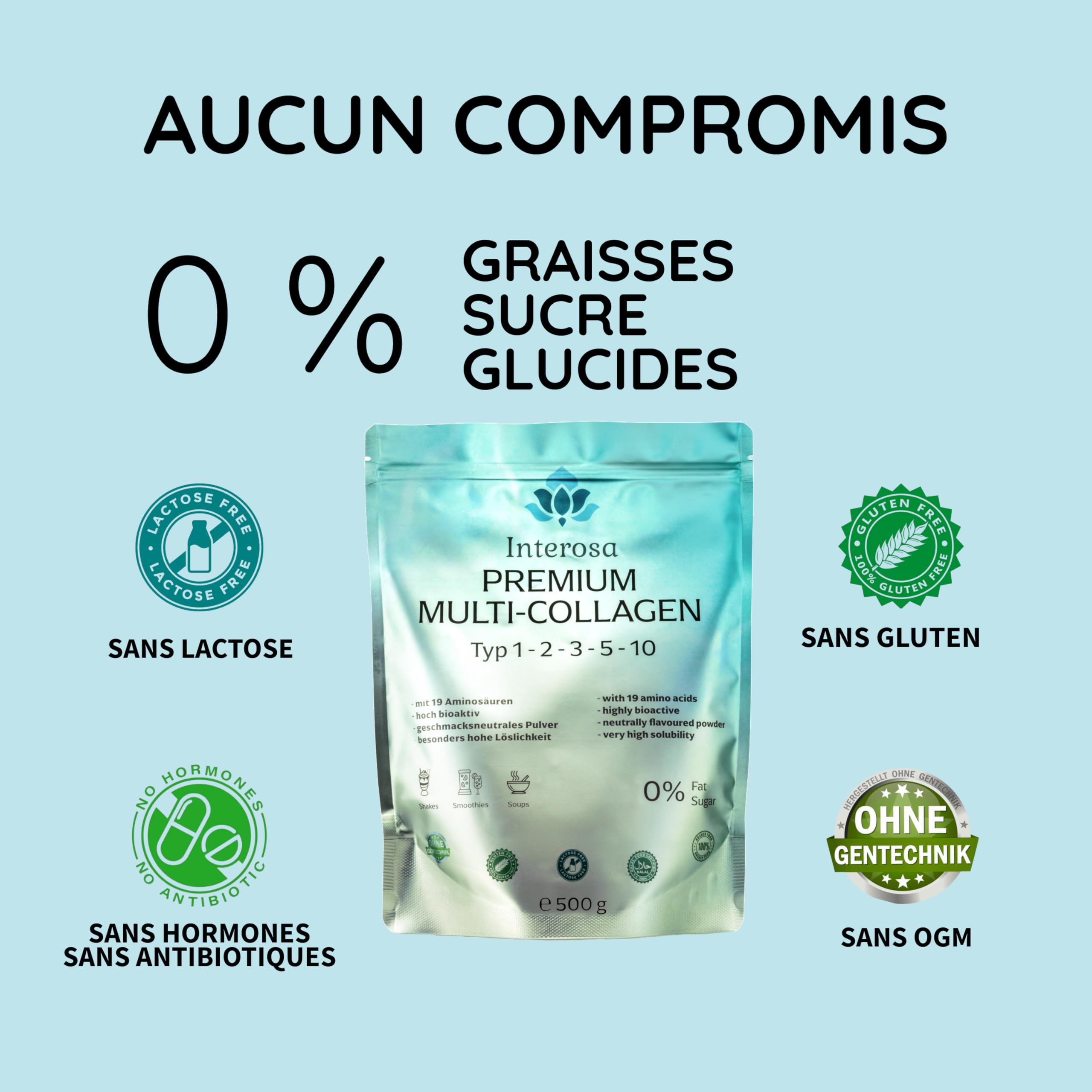 Poudre de collagène 500 g - peptides de collagène de type 1 2 3 5 10 - complexe de collagène premium insipide - protéine hydrolysée super soluble