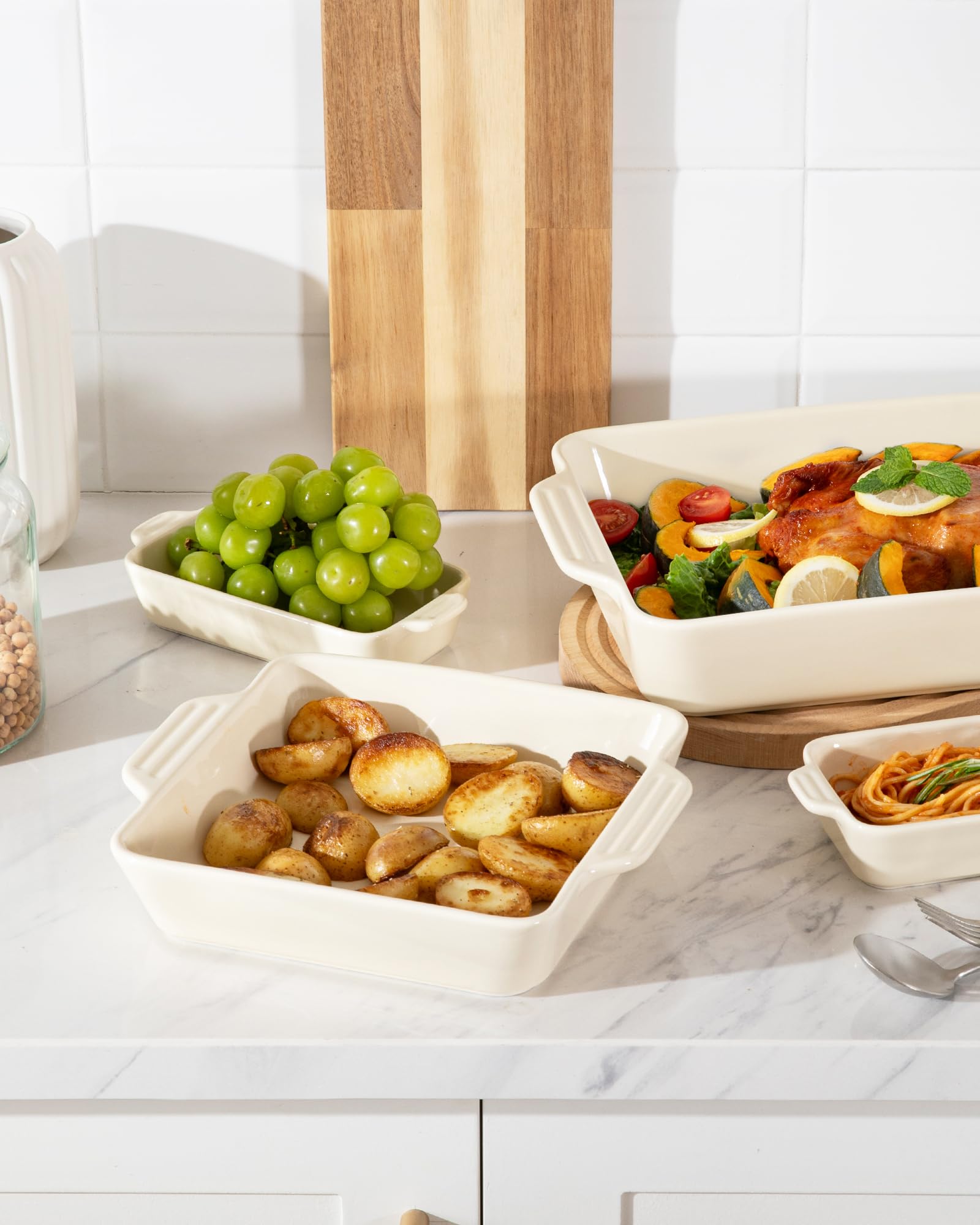 Sweejar Home Set di 4 teglie da forno in ceramica, rettangolari con manici, teglie per lasagne profonde per cucinare, gratinare, arrostire, banchetti e uso quotidiano (beige)