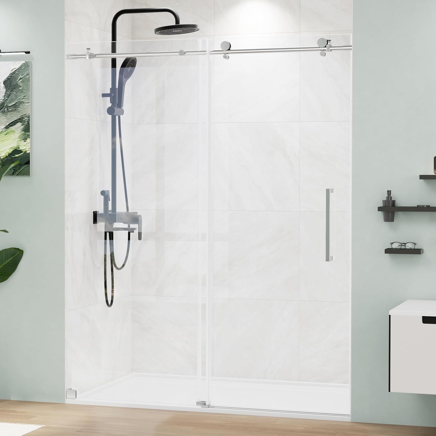 Frameless Sliding Shower Door 56-60" W x 75" H, Sliding Shower Door Ultra White SGCC Tempered Glass with Explosion-Proof Film, Shower Glass Door Easy Installation for Bathroom, Silver 59" W x 75" H Silver