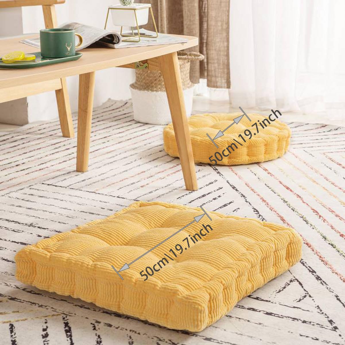 Cojín Cuadrado y Redondo para Suelo, Sofá y Meditación - Decorativo Tatami de Pana para Interior y Exterior (50 cm/19.7 Pulgadas, Verde Ronda)