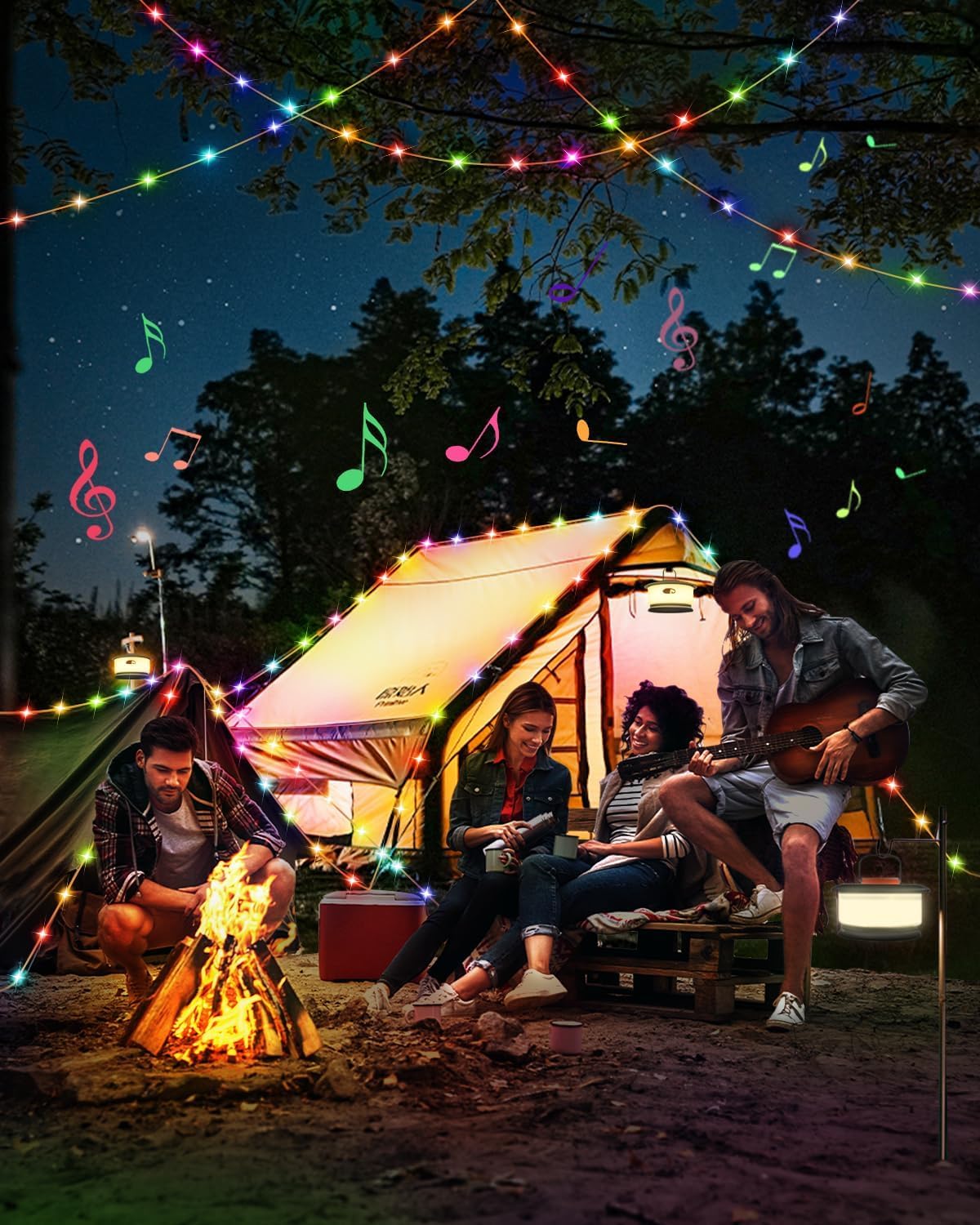 Camping-Lichterkette für den Außenbereich mit Musik-Synchronisation, schnelle Lagerung, LED-Lichterkette mit 7 RGB-Farben und 12 Modi, Zeltlichter, tragbare Camping-Laterne, wasserdicht, Camping-Licht