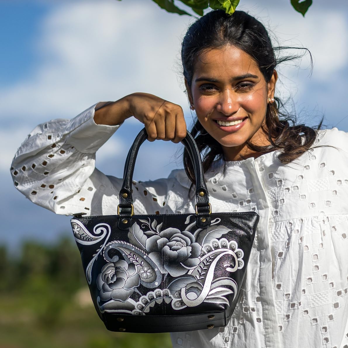 Anna by Anuschka Women's Hand-Painted Genuine Leather Shoulder Tote - Peonies and Paisleys Black
