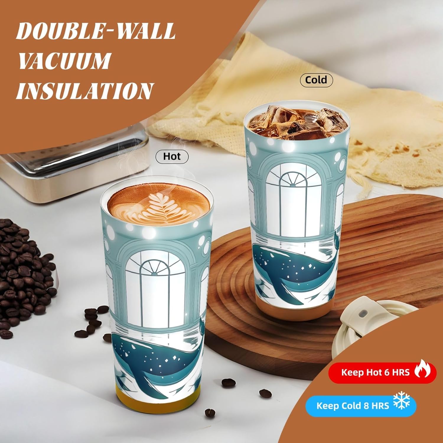 Unique Customized Coffee Mug - Insulated Stainless Steel Tumbler for Travel, Home & Office - 17 oz Glowing whale Black