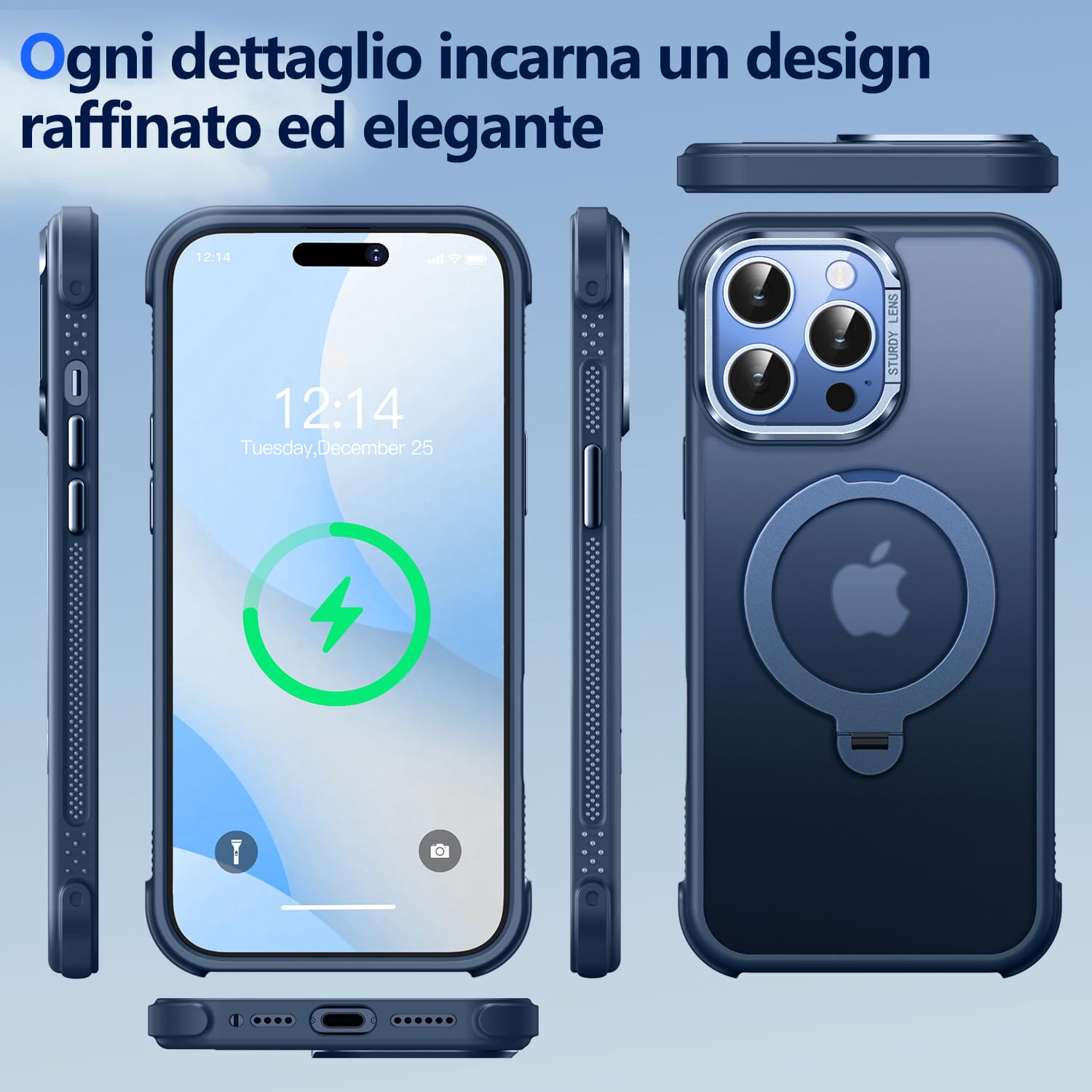 Custodia O3 Mag-Stand per iPhone 14 Pro con Supporto a 360°,[Compatibile con MagSafe][Eccezionalmente Delicata Sulla Pelle] Sottile Eopaca Magnetica Traslucida 6,1", Blu Opaco