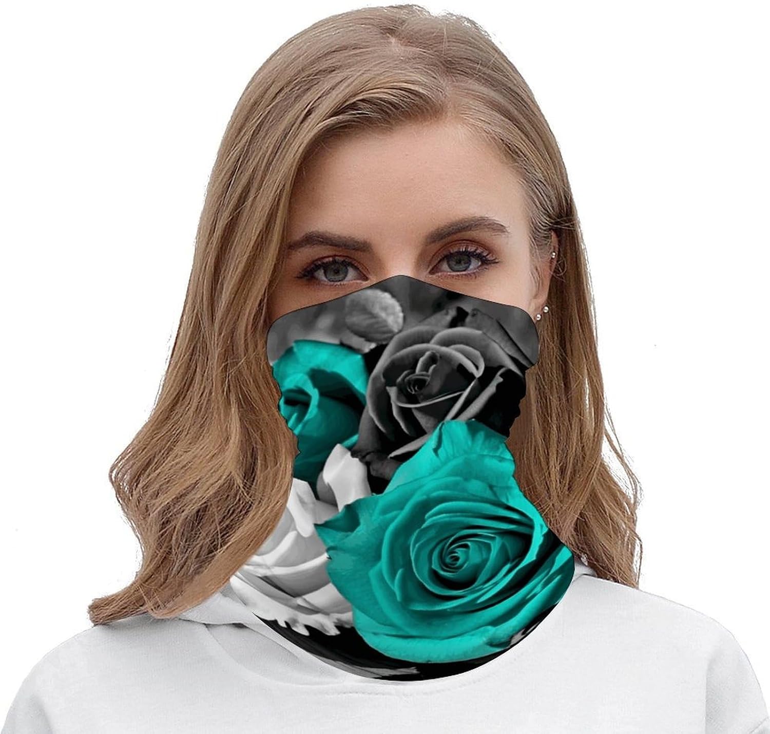 Black White Teal Gray Rose Flowers Neck Gaiter Face Cover Scarf Breathable Sun Balaclava for Skiing Fishing Hiking Cycling