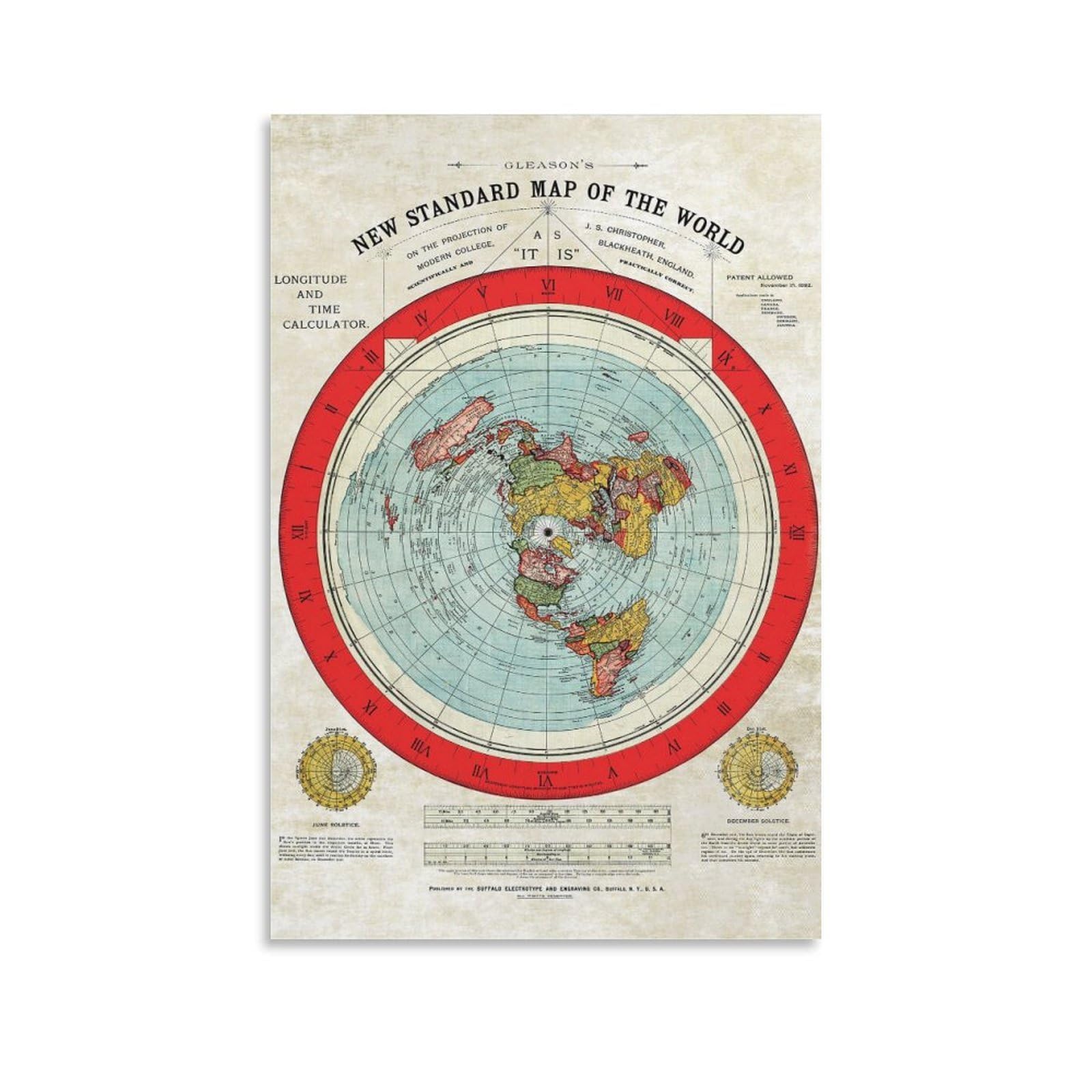 HENRYING 1892 Alexander Gleason's New Standard Map of The World，Flat Earth Map Canvas Poster Wall Art Decor Print Picture Paintings for Living Room