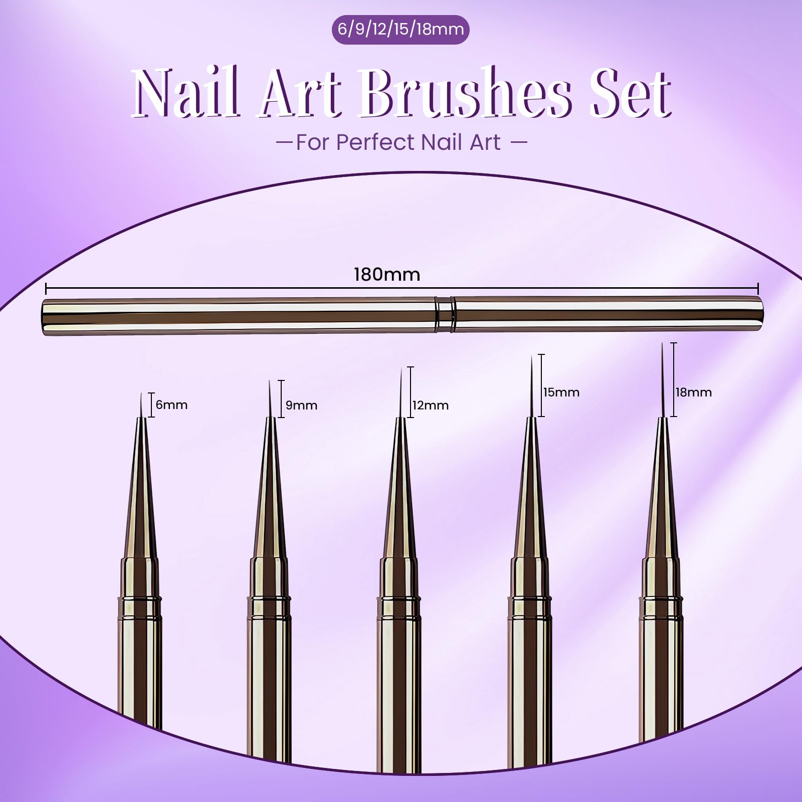 Lokaloka 6/9/12/15/18mm Pennelli Unghie Gel Sottile Nail Art Professionali con Tappo, 5 Pezzi Pennello French Penna Pennellino Set per Ricostruzione Acrigel Semipermanente