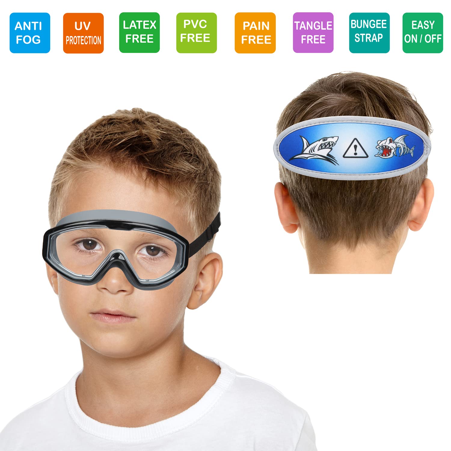Schwimmbrille für Kinder im Alter von 4–7 Jahren, Kleinkindbrille, kein Ziehen der Haare, Stoffband, Schwimmmaske für Kinder, breites Kopfband