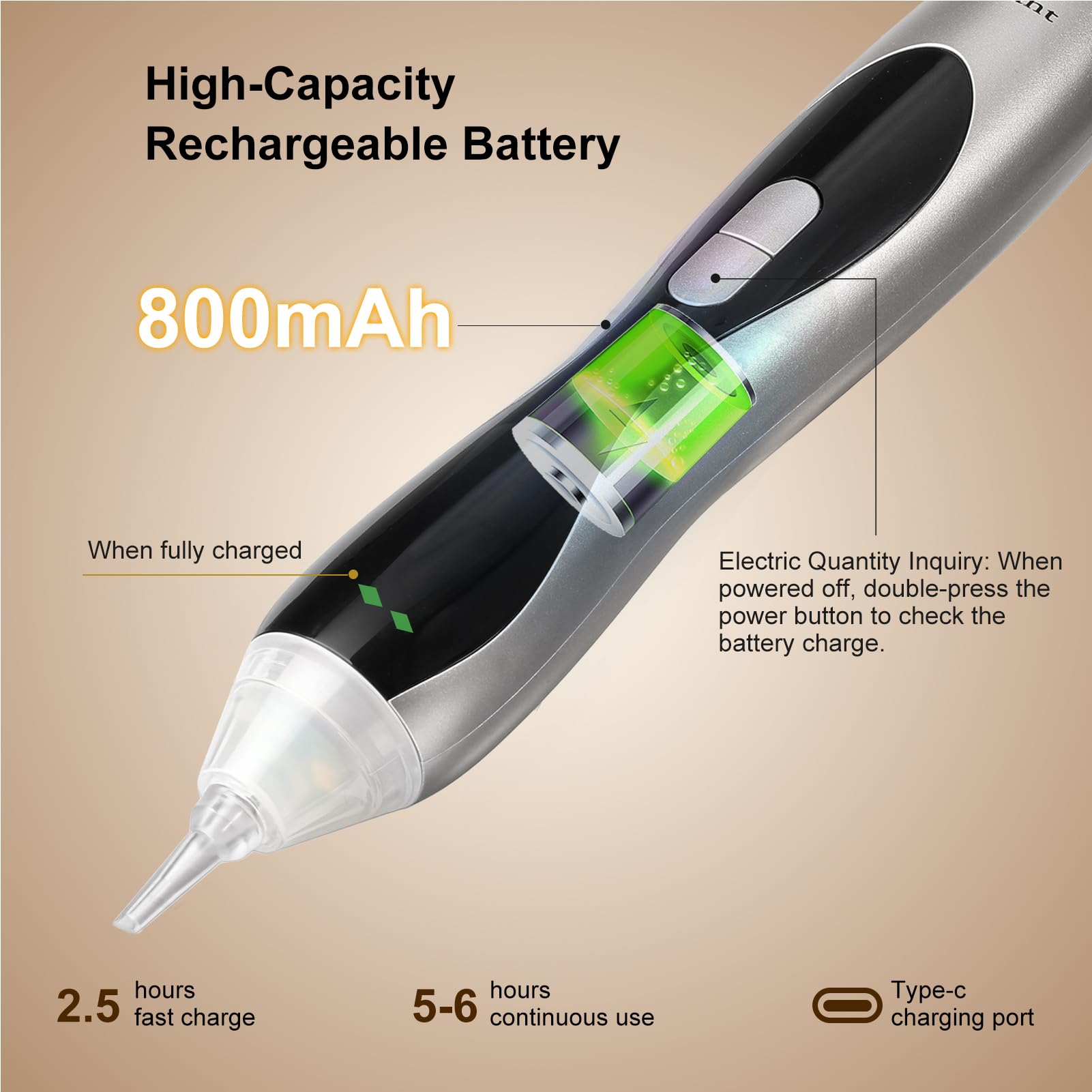 PP OPOUNT Elektrischer Diamond Painting Stift Silber mit LED Licht & Display, 3 Saugstufen, Kabellos & Wiederaufladbar, Leiser Vacuum Stift, Ergonomisches Diamond Painting Zubehör für Erwachsene