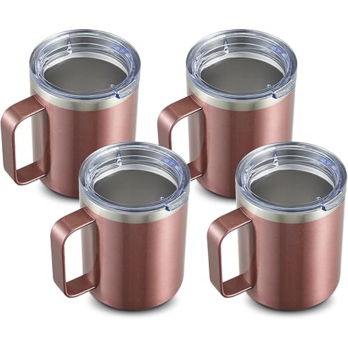 TUMZAK 12oz Insulated Coffee Mug with Handle, 4 Pack Stainless Steel Mug with Lid, Double Wall Vacuum Coffee Cup, Powder Coated Travel Mug, Thermal Mug Keep Coffee Hot or Cold (Rose Gold)