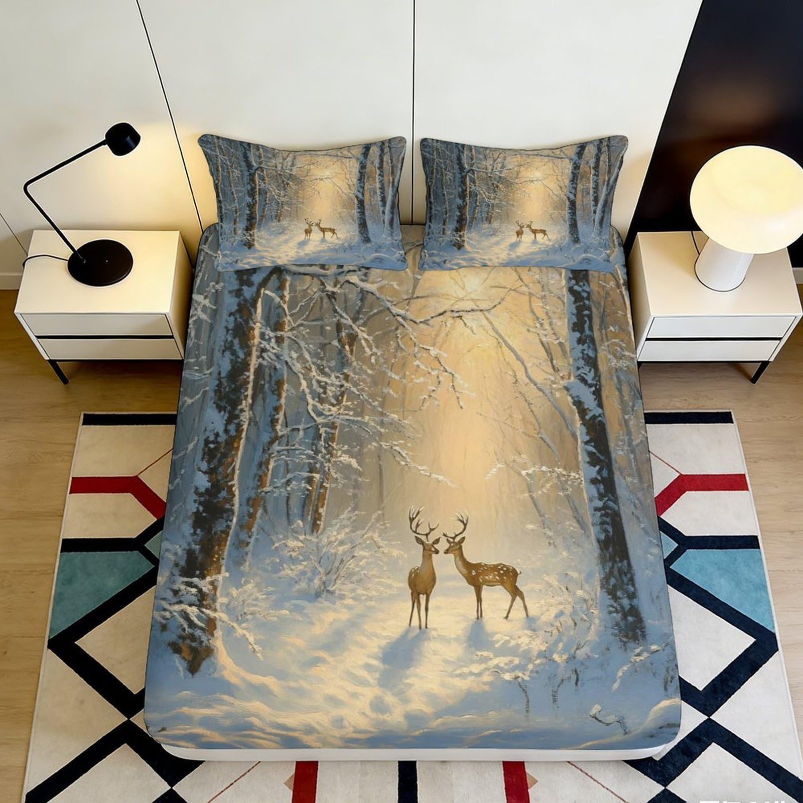Pnayamiorkfel Style-7 3D Printed Winter Forest Fitted Sheet Microfiber Deer Scene Bed Cover For Bedroom Guest Room Mattress Protection 90X200x25cm