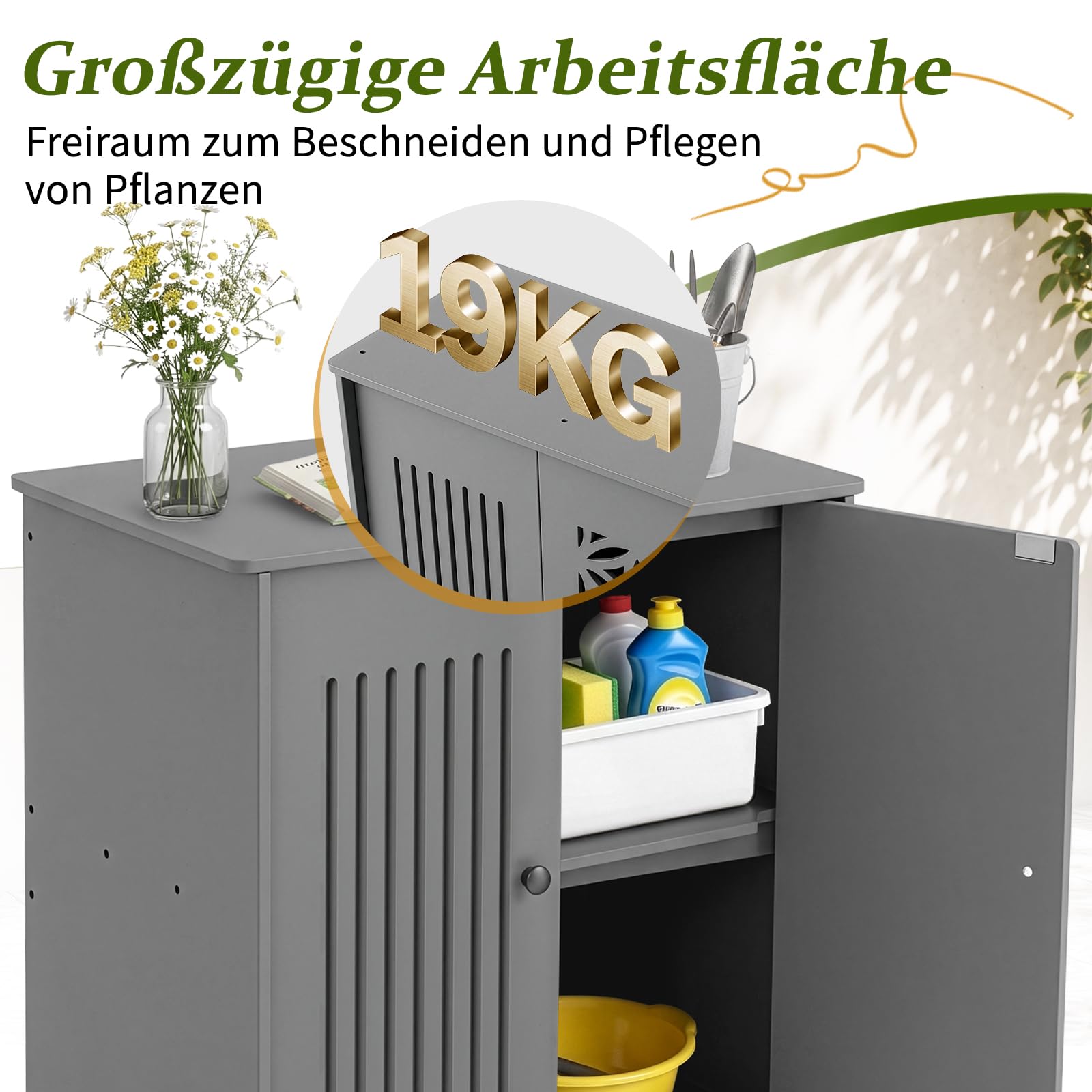 Gartenschrank wetterfest Outdoor, 69 x 43,5 x 73 cm, Hochwertiges PVC-Material, Leicht zu pflegen und zu reinigen, Geeignet für den Innen- und Außenbereich, Grau