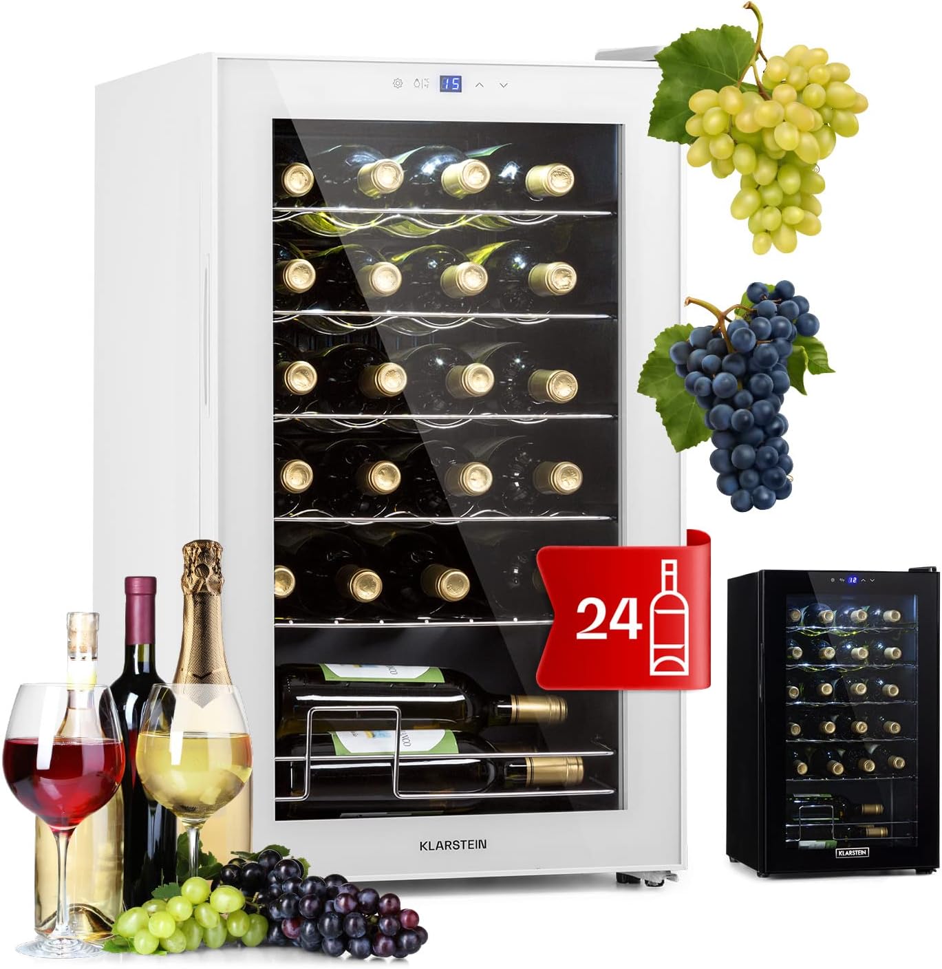 Klarstein Free-Standing Wine Cooler Drinks Fridge, 63L Single Zone Wine Fridges, Wine Prosecco & Beer Bottles, Wine Fridge with Glass Door, Indoor/Outdoor Bar Fridge and Wine Cooler, 24 Bottles