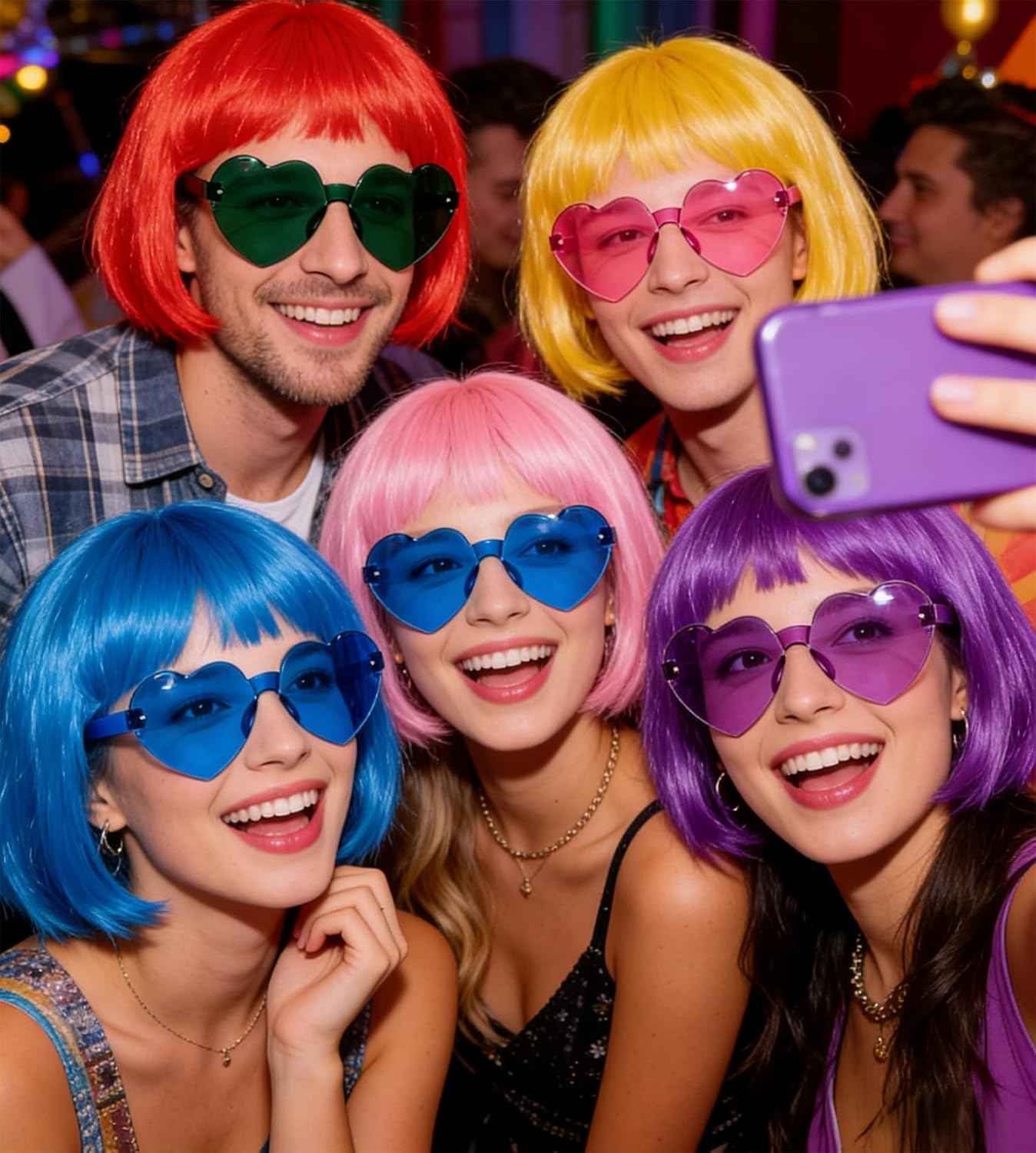 4 Sets Neon Bob Wigs with Heart Sunglasses & Hair Caps - Purple Pink Blue Green Short Party Wigs for Women Bachelorette Halloween Cosplay Themed Party Supplies