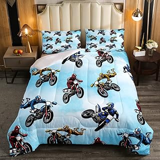 Erosebridal Dirt Bike Bedding Set Twin Size, Extreme Sport Comforter Set for Kids Boys Teens, Motorbike Sport Quilted Comforter Motocross Rider Bedding Comforters 2 Pieces with 1 Pillow Case, Blue