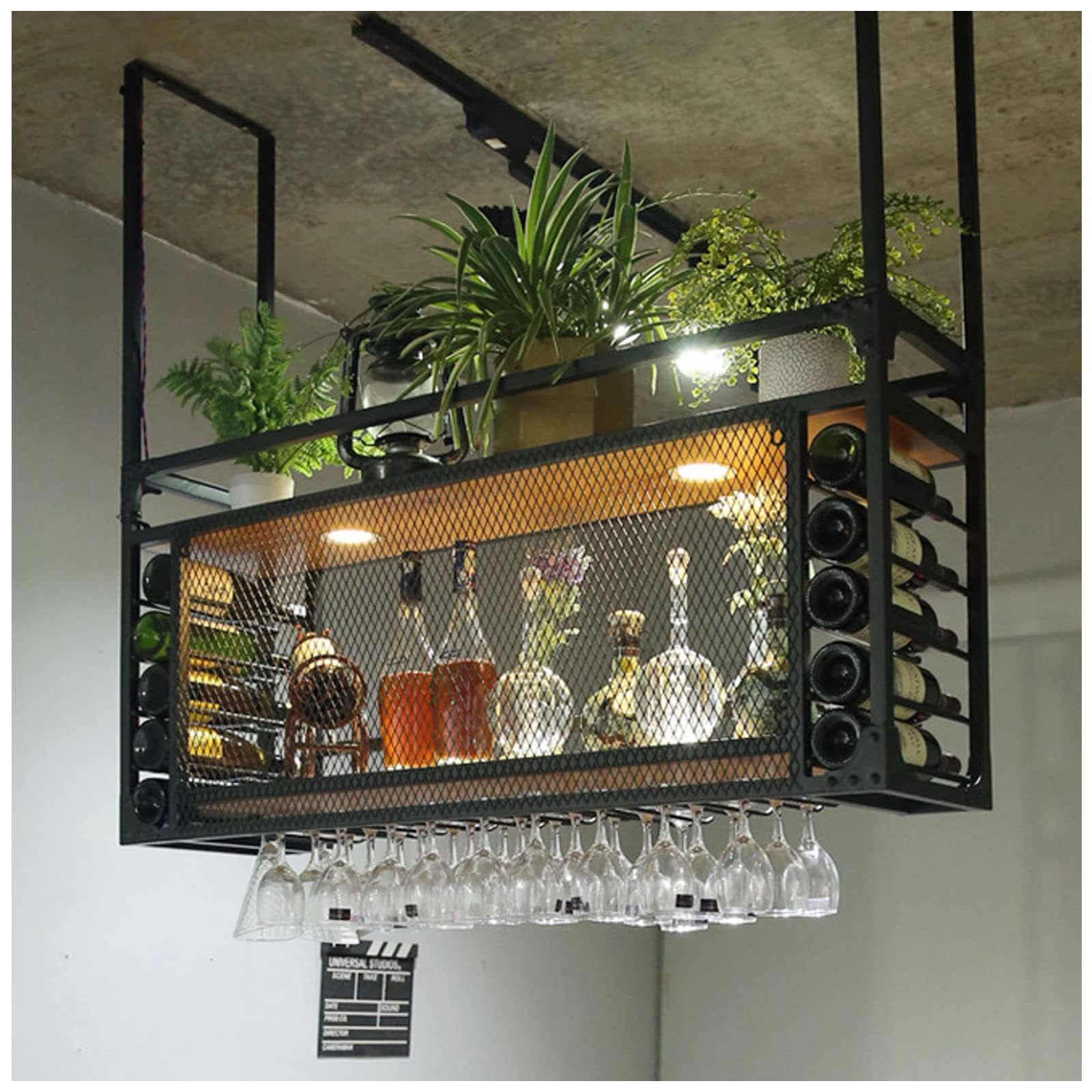 Ceiling Wine Glass Rack, Hanging Wine Rack with Glass Holder and Shelf, Metal Ceiling Shelf with Guardrails, Goblet Stemware Racks, Black Metal Ceiling Shelf for Bar Cafe Kitchen (100cm/39.3in)