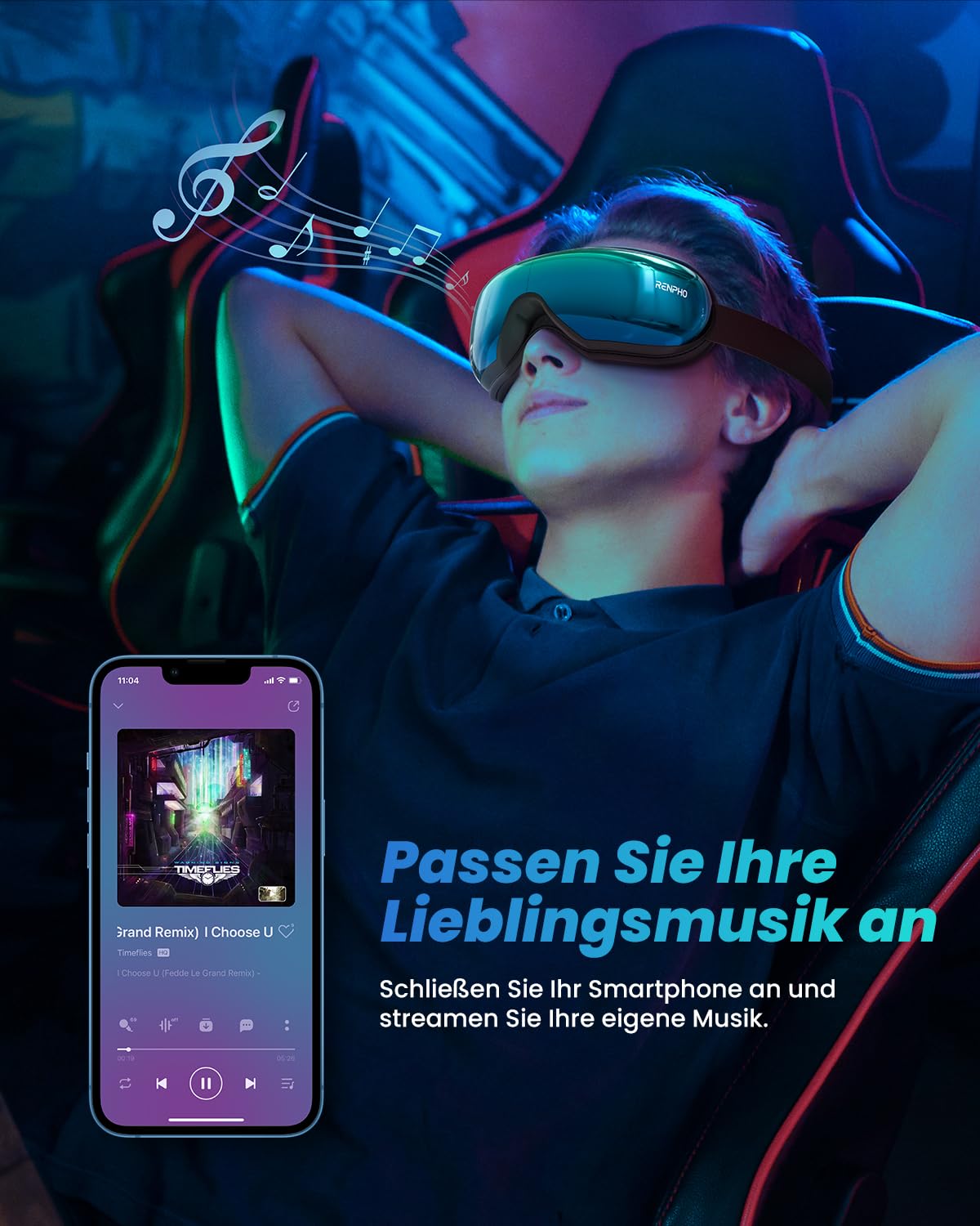 RENPHO Eyeris 1 - Augenmassagegerät mit Wärme, Vibration und Bluetooth Musik, Augenmaske für Augenringen und trockenen Augen, Verbessert Schlafqualität, Geburtstagsgeschenk | Beheiztes Augenmassagegerät gegen Augenbelastung & Kopfdruck, klappbar für Reise