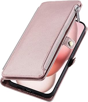 Case for iPhone 16 Pro Max/16 Pro/16 Plus/16, Flip Wallet Leather Cover Zipper Pocket Wristrap Stand Protective Case for Women,Gold,16 Plus