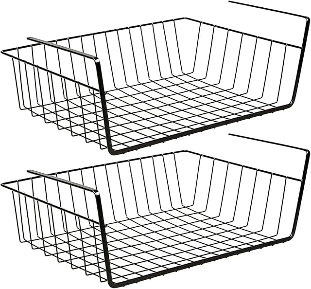 Taylor & Brown Under Shelf Storage Basket, Black 2-Pack Under Shelf Hanging Metal Wire Storage Basket Organizer for Kitchen, Office, Pantry, Bathroom, Cabinet