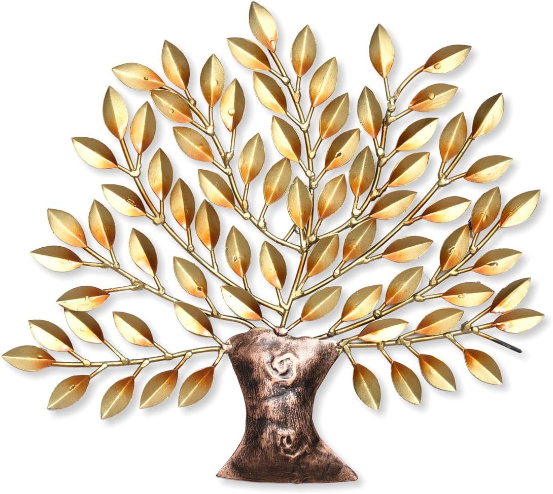 Collectible India Metal Decorative Golden Tree Of Life Wall Decor and Hanging Mounted Art Sculpture Diwali Gifts Home Decor (Size 16 x 16 Inches),