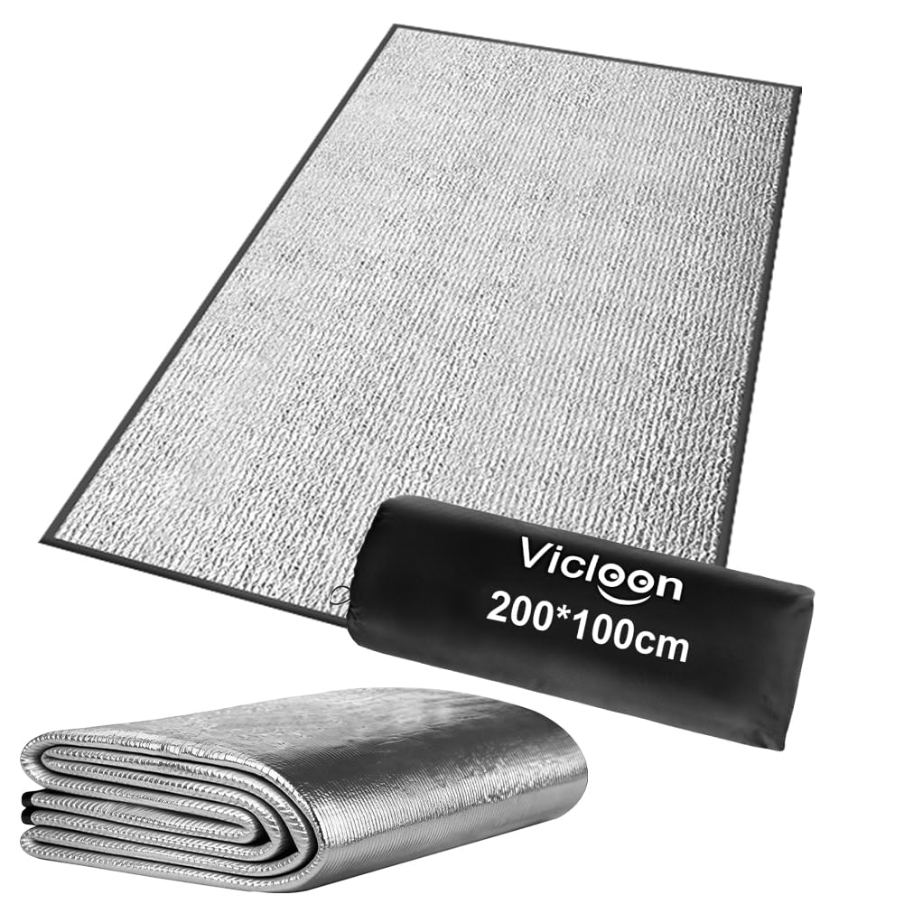 Vicloon Aluminiowa mata izolacyjna, składana, dwustronna mata do użytku na zewnątrz, folia aluminiowa, mata kempingowa, z torbą transportową, na kemping, wędrówki, piknik, plażę
