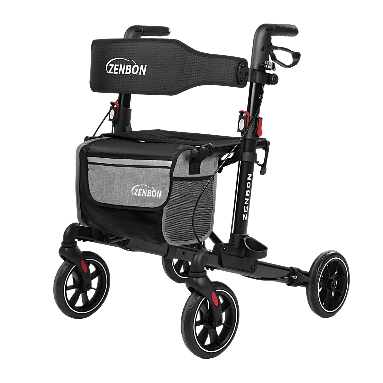 Rollator Walker for Seniors/Adults Foldable in Two Directions Rolling Walker with Seat 330 lbs Capacity 4 Big 8 inch Wheels Hand Grips Adjustable Height Lightweight Aluminum Walker 7204(Black)