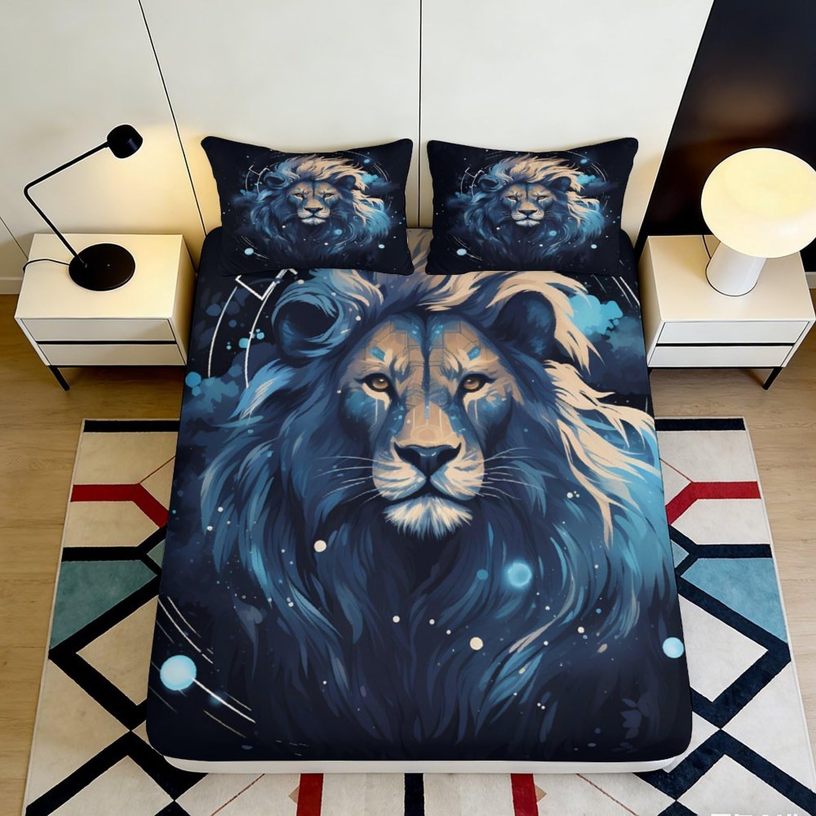 3D Printed Lion King Fitted Sheet Microfiber Soft Breathable Majestic Blue Bed Cover for Bedroom Dorm Decor 90x200x25cm