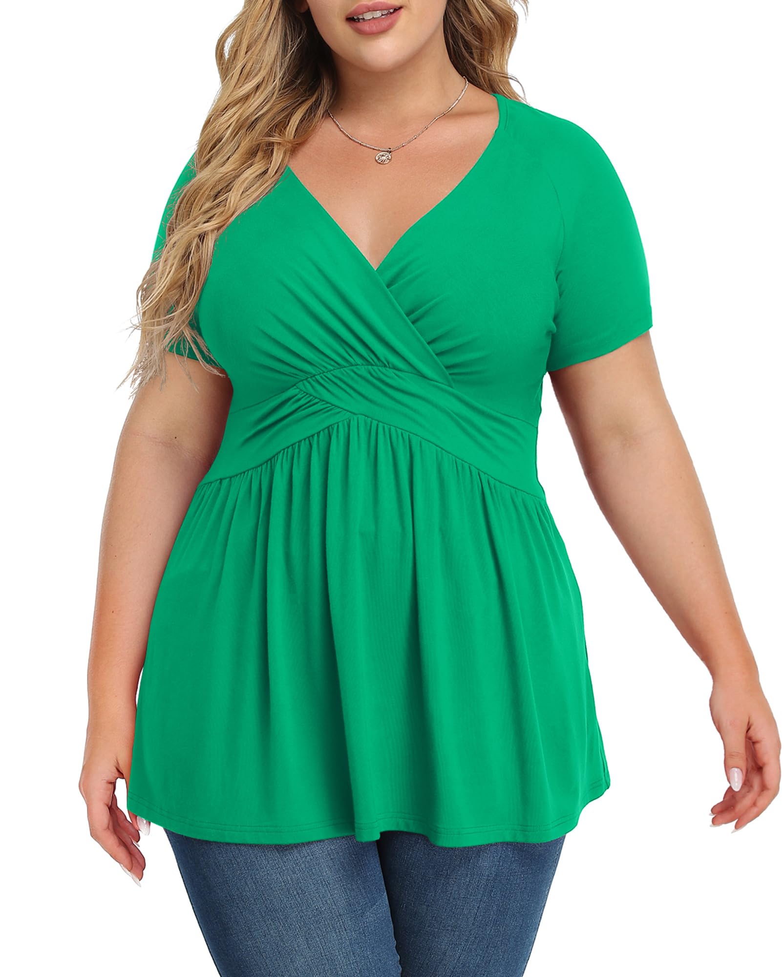 TIANZHU Women's Plus Size Dressy Tops Wrap Shirt Short Sleeve