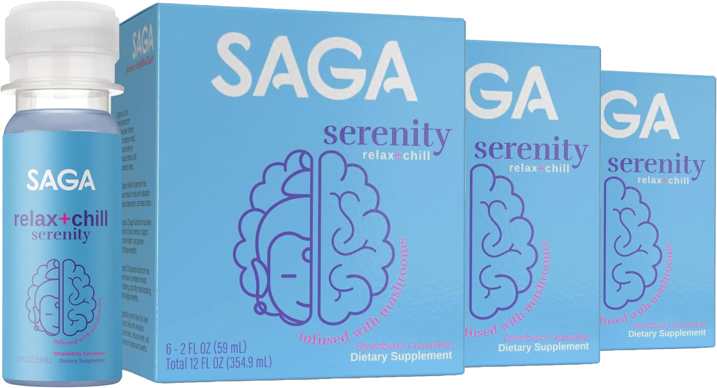 SAGA Organic Relaxation Shots | Contains Adaptogens & Mushrooms - Lion's Mane & Kava | High Bioavailability & Fast Onset | Elevate Mood & Reduce Fatigue | Strawberry Cucumber 2oz Shots (18-Pack)