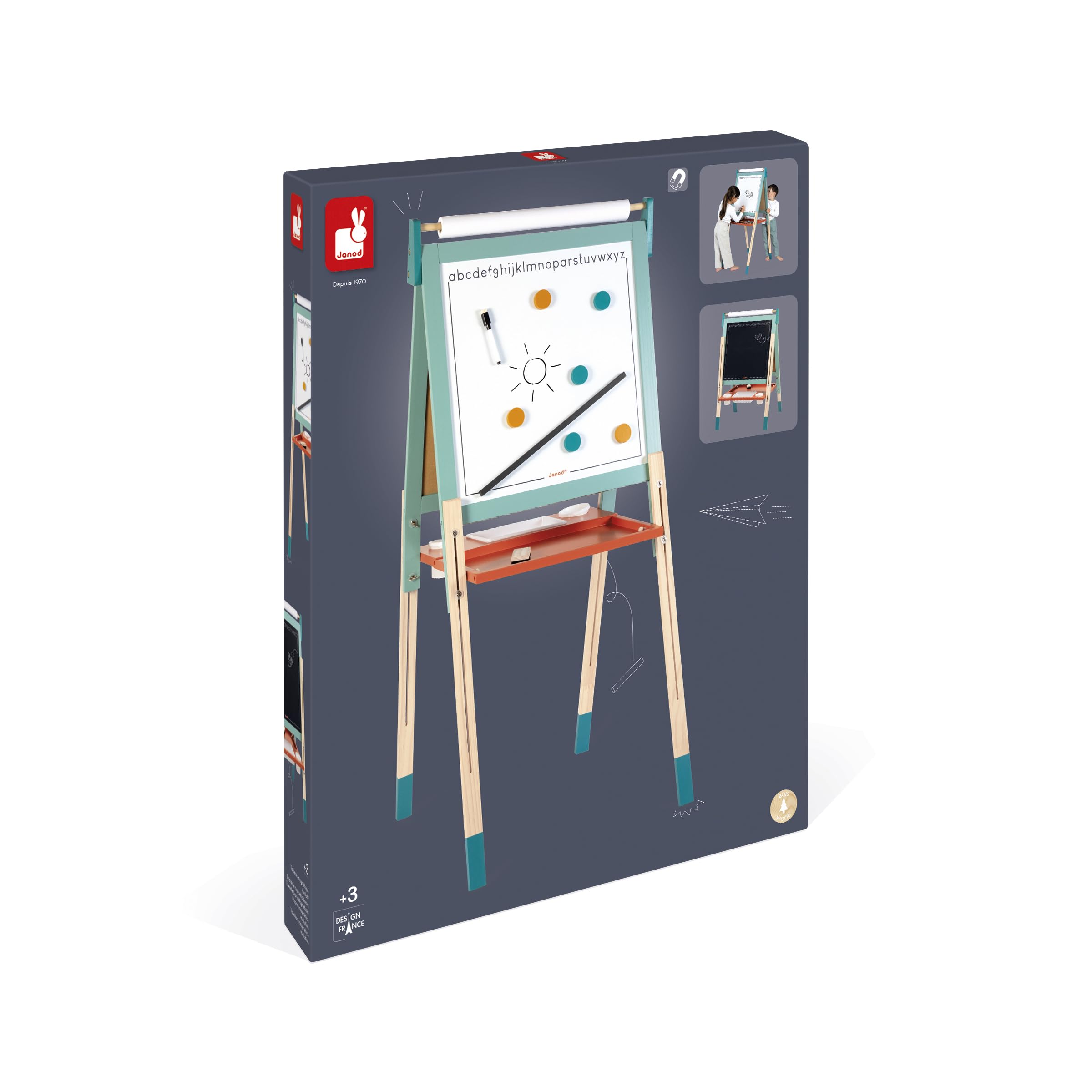 Janod J09625 - Cuadro de caballete doble cara, ajustable en altura, pizarra blanca magnética + pizarra para tiza + rollo de papel, 23 accesorios incluidos, a partir de 3 años