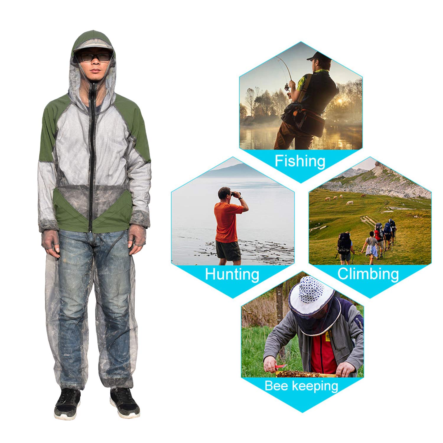 Lixada Abito Repellente per Zanzare Abiti con Cappuccio in Mesh Mosquito Prevenire Suit Giacca Bug per la Pesca A Caccia Campeggio, L/XL/XXL
