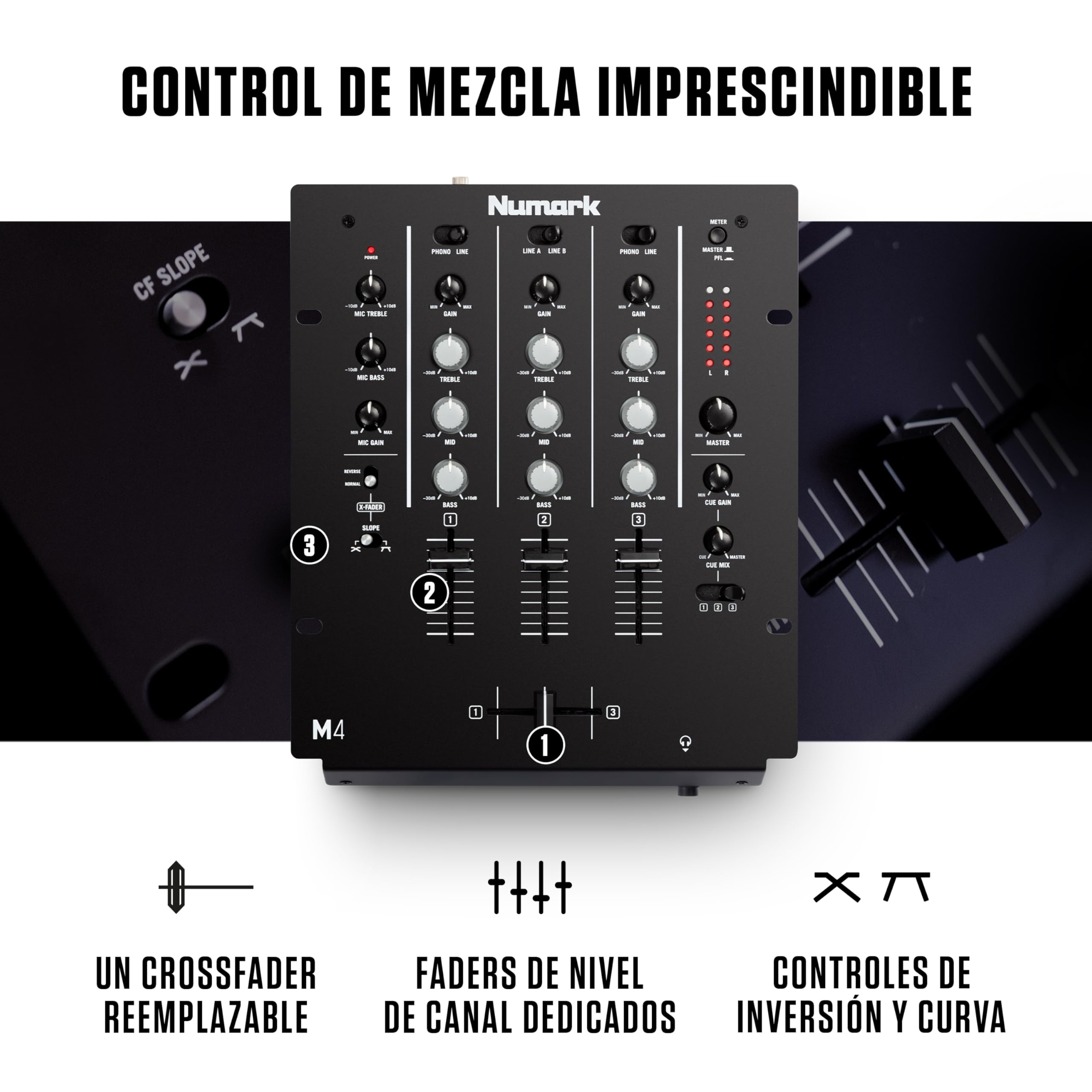 Numark M4 Mesa de Mezclas DJ de 3 Canales para Scratch, Instalable en Rack, con EQ de 3 Bandas, Entrada de Micro y Crossfader Reemplazable con Controles Inversión y Curva
