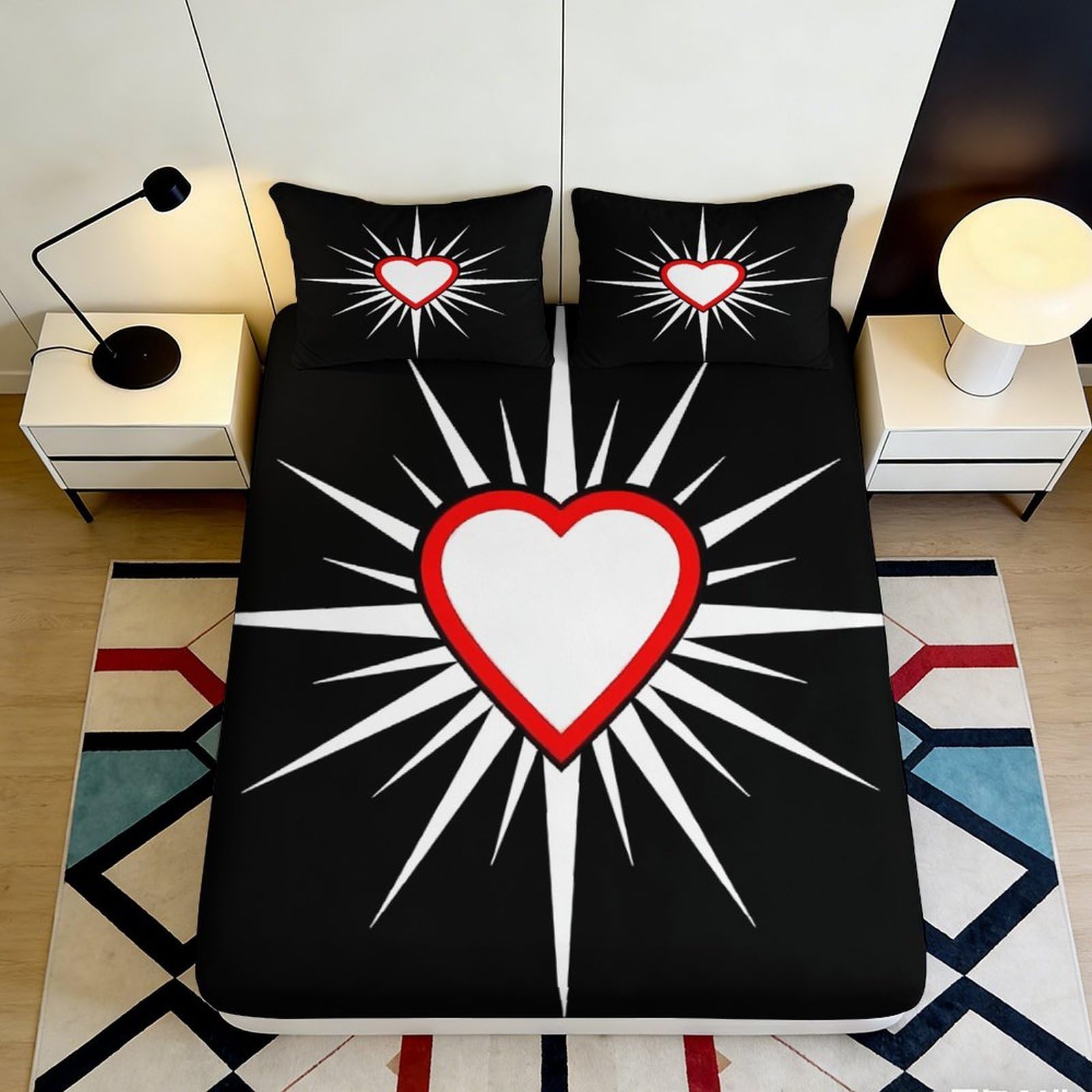 3D Printed Heart Burst Fitted Sheet Microfiber Soft Black Red Graphic Mattress Cover for Bedroom Dorm Guest Room Decor 90x200x25cm