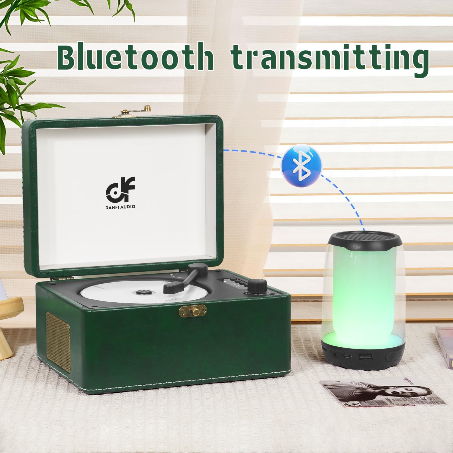 CD player transmitting audio via Bluetooth to an external speaker.