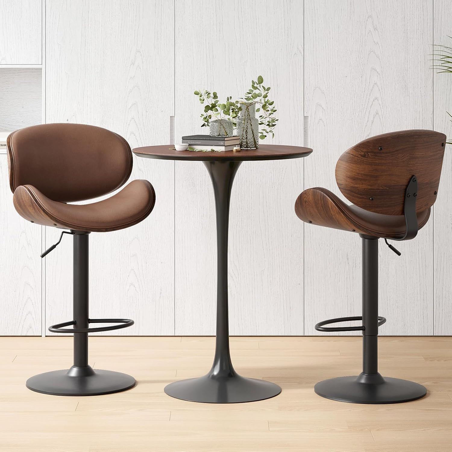 Soohow Adjustable Bar Stools Set for 2, Ergonomic Modern Swivel Bar Stools with Back for Kitchen Island, PU Leather Bar Stool with Footrest Mid Century Barstools, Industrial Counter Height Bar Stools