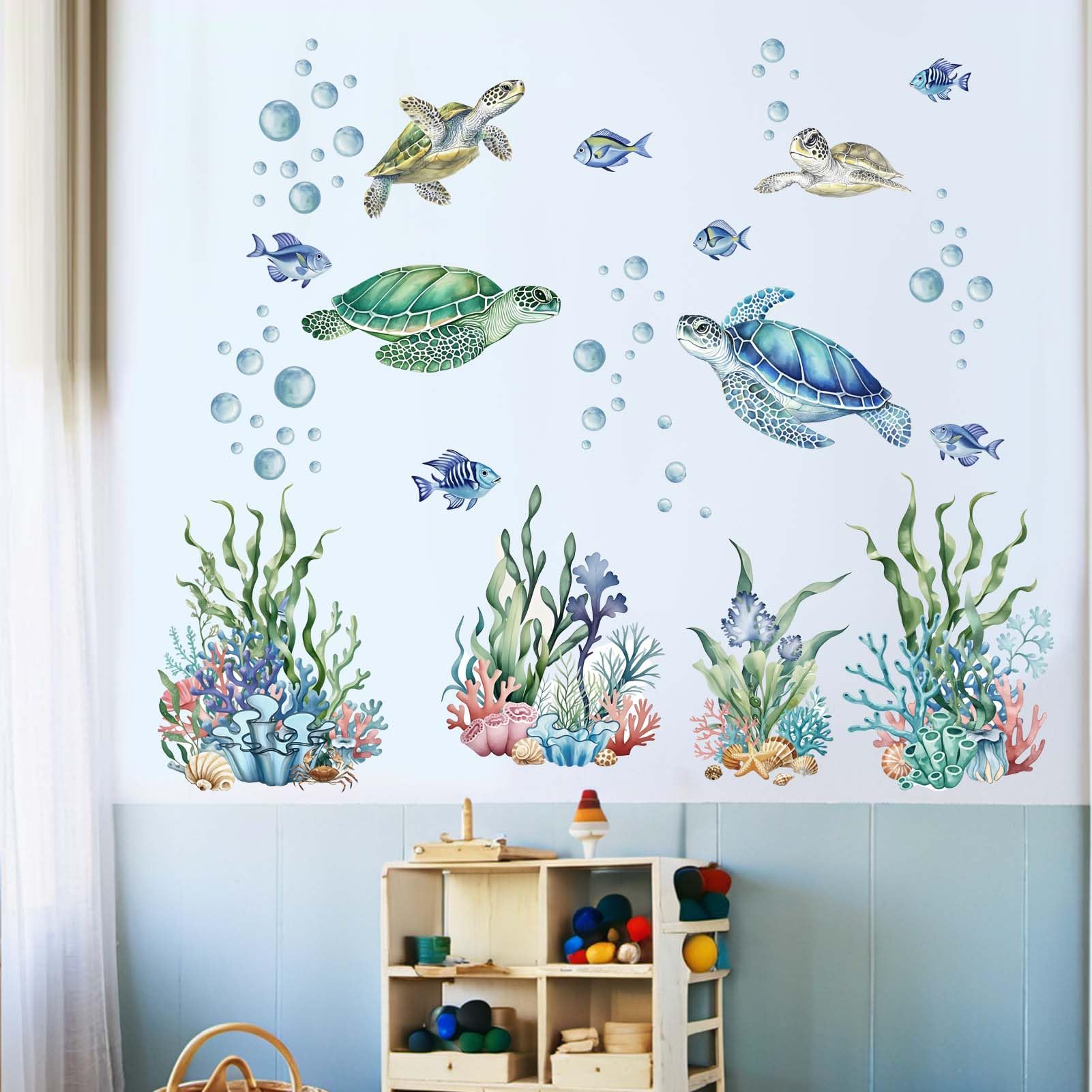 Sea Turtle Wall Decals for Kids: Peel and Stick Under The Sea Marine Fish Ocean Wall Stickers for Baby Nursery Bedroom Toddler Room