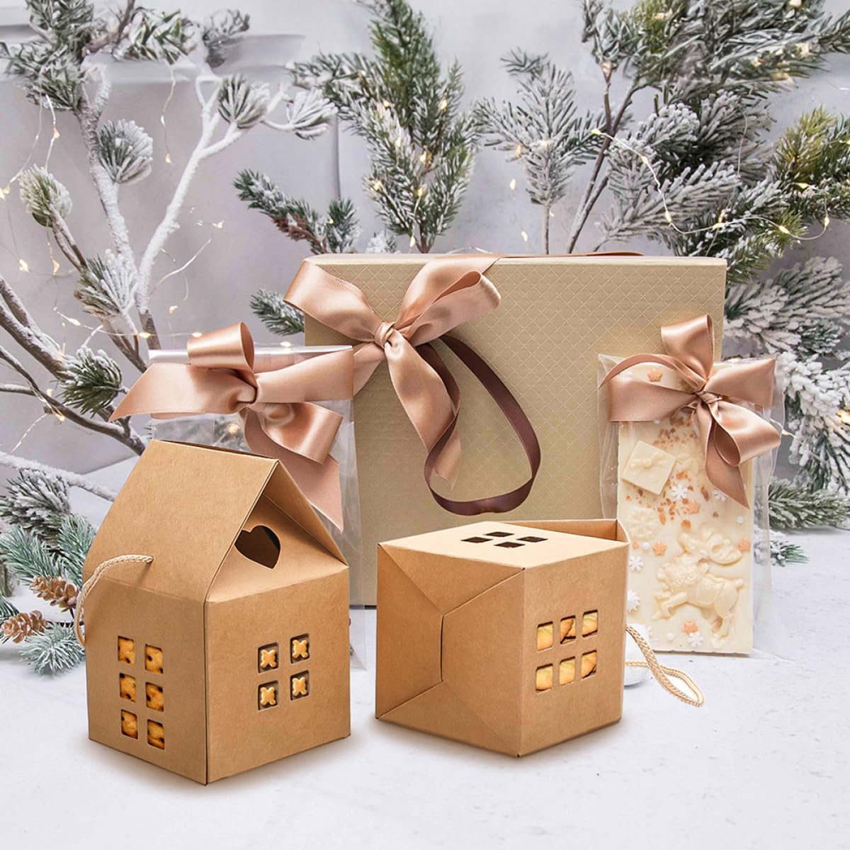 BAZEITFLOW 20pcs House Shaped Paper Candy Boxes DIY Hollow Handheld Packaging Small Wrapping Boxes for Cookies Treats Holiday Party Supplies image 4